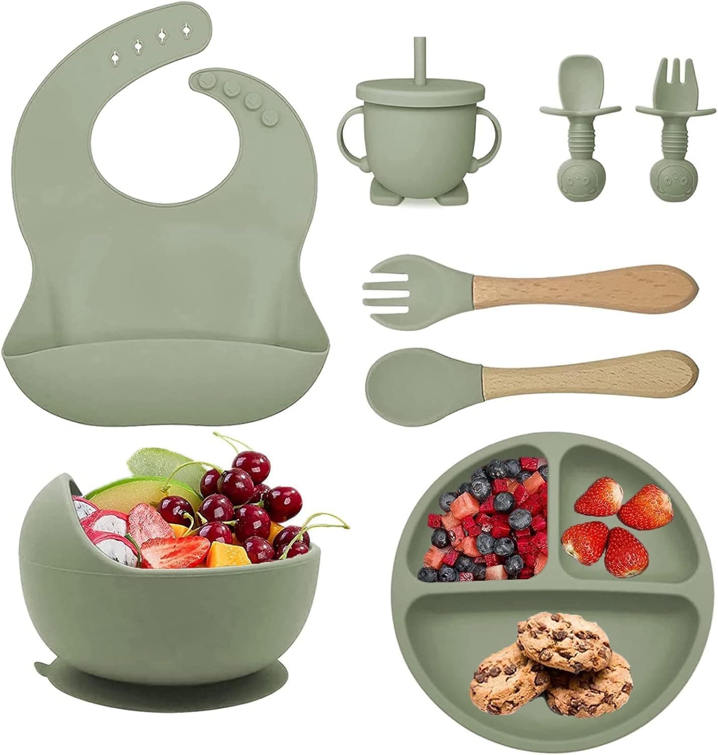 ANYUAN Silicone Baby Feeding Set, Baby Led Weaning Supplies, Baby Tableware Set with Suction Bowl, Divided Plate, Sippy Cup, Forks, Spoons, Adjustable Bib, BPA Free Toddler Feeding Utensils