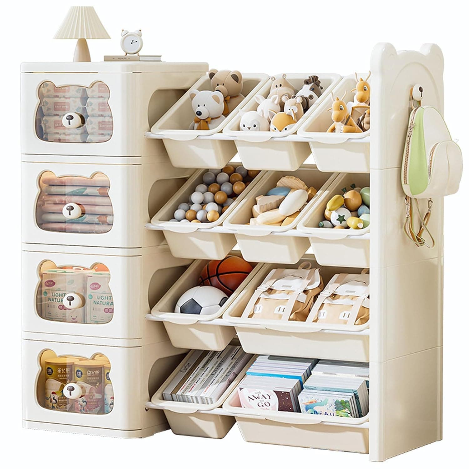 Beauenty Large 4-Tier Toy Organizer with 10 Bins & Drawers,Kid-Friendly Plastic Storage Unit for Toys, Books, Nursery Supplies,Bear-Pattern Transparent Drawers
