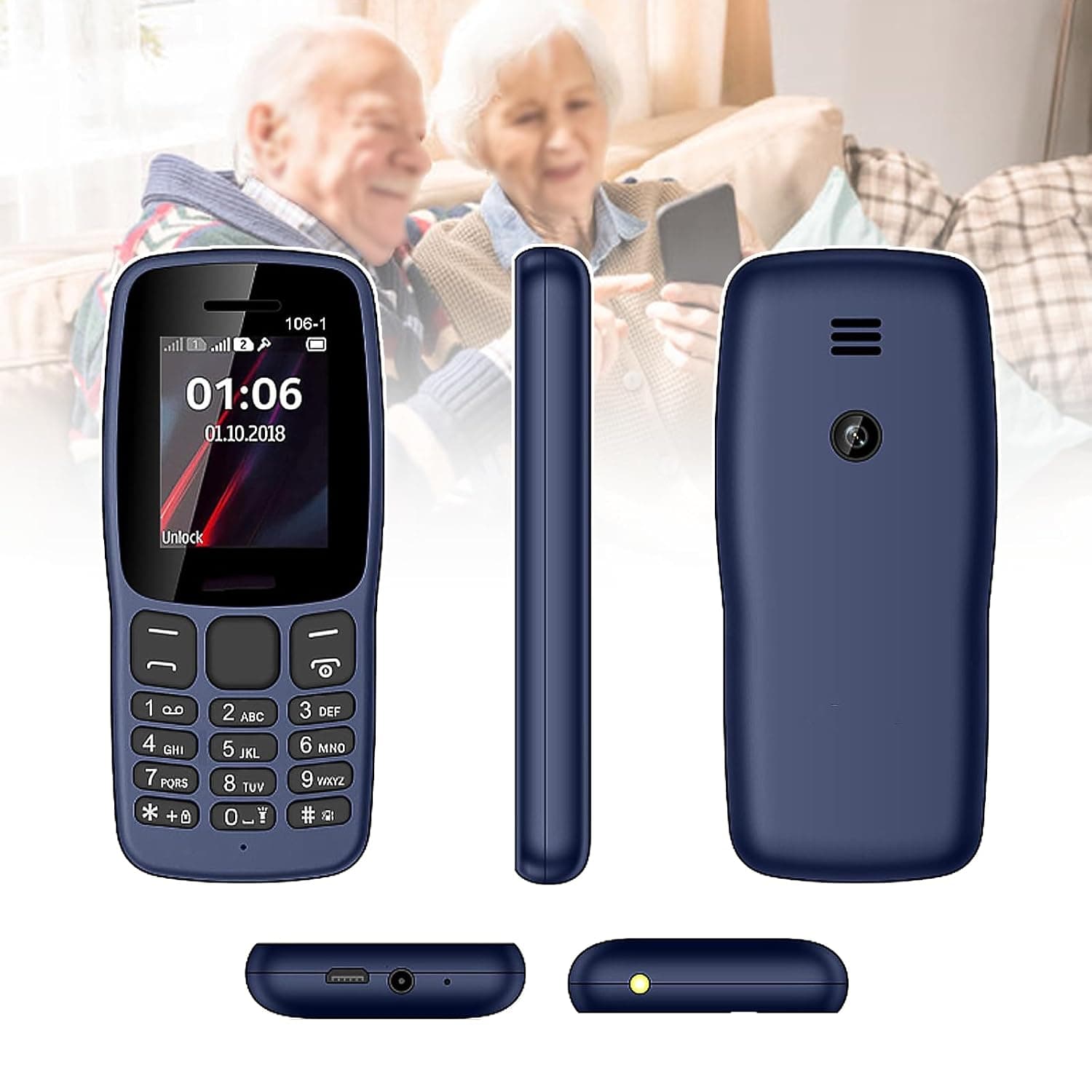 Basic Cell Phone for the Elderly, Unlocked 2G Mobile Phone with Big Buttons, Backup Dumb Phone with GSM Standard, Supports Dual SIM + SD Card,No Internet,Blue