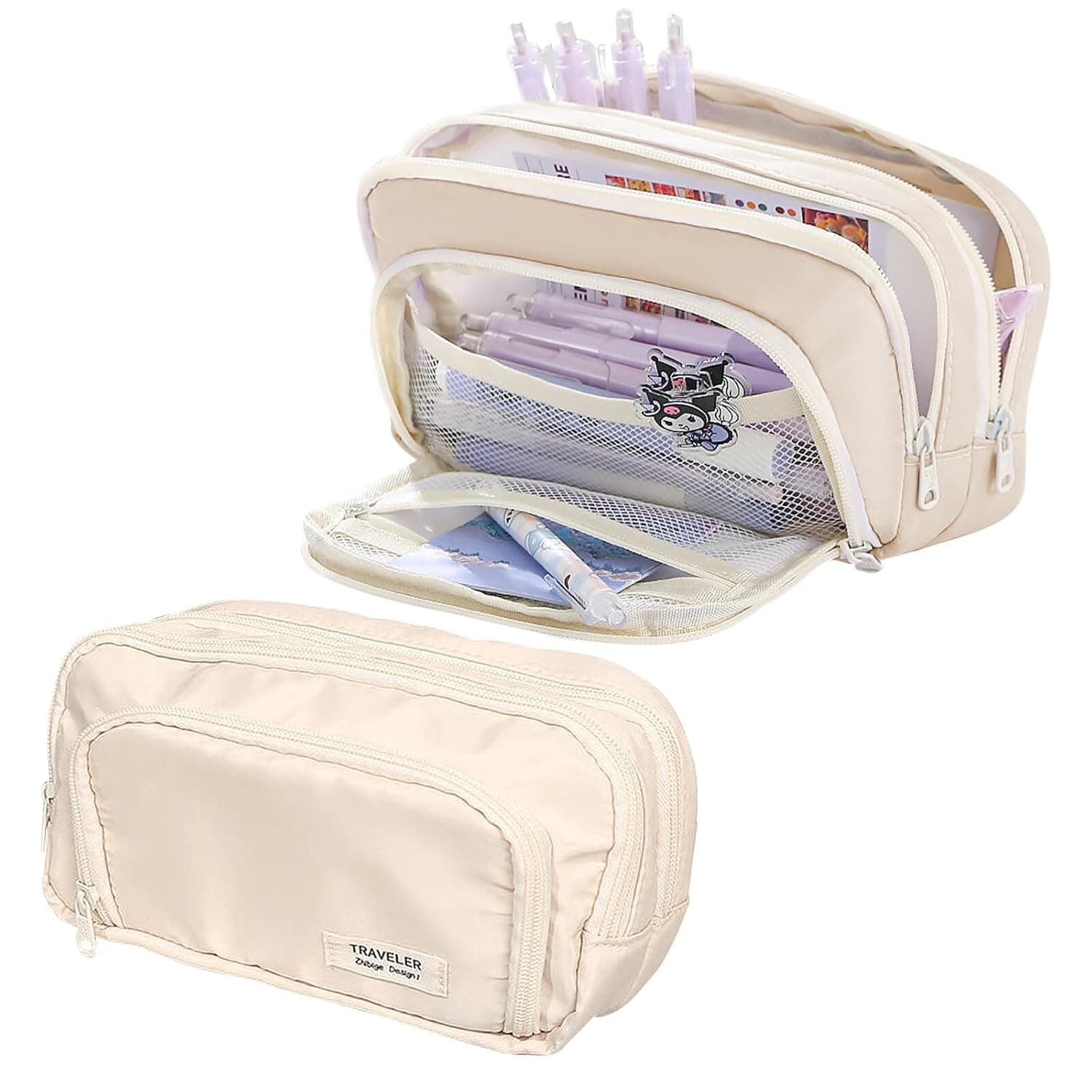 Monochrome Pencil Case with 3 Compartments, Simple High Capacity Aesthetic Stationery Organizer for Children, Boys, Girls, Teens, Students, Beige, 21 x 13 x 7 cm