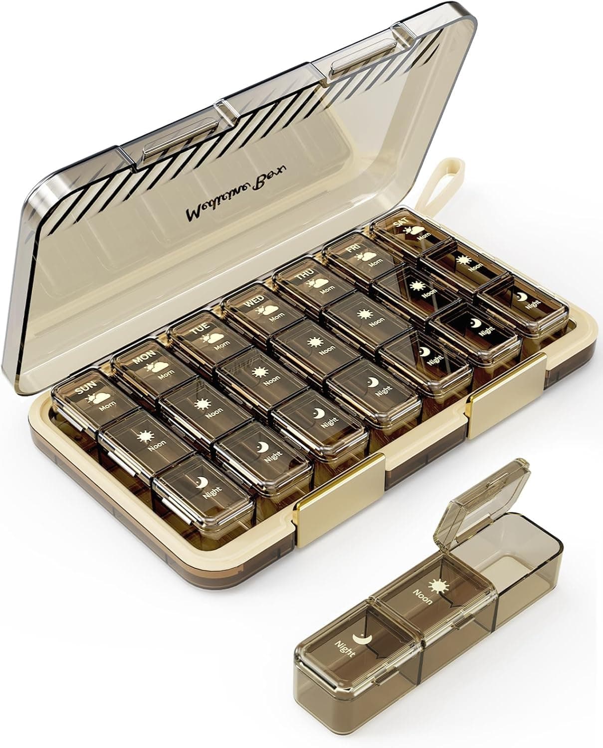 Brown Portable Pill and Supplement Organizer,A5 Size | 3 Times a Day Weekly,Airtight & Moisture-Proof, BPA-Free Pill Box for Pills, Vitamins, Fish Oil
