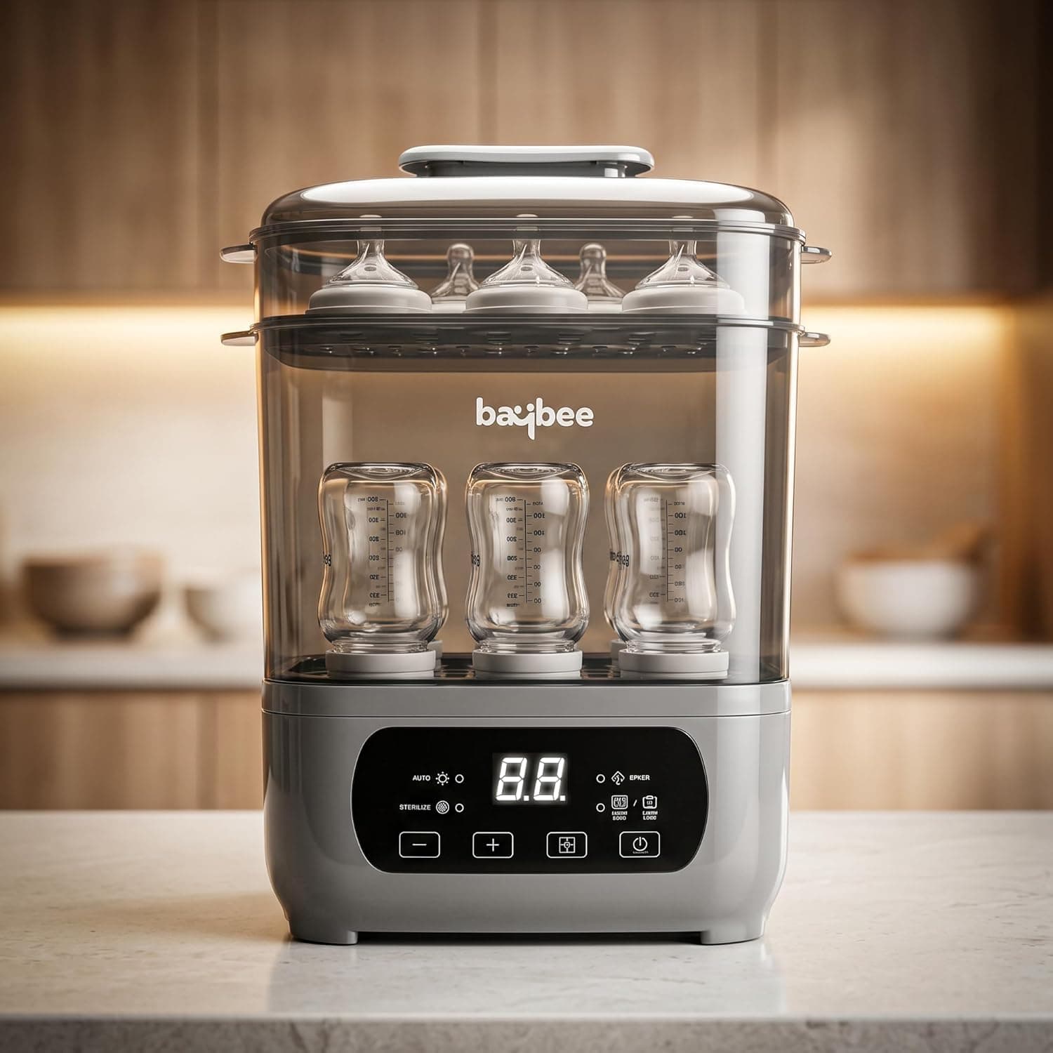Baybee PureSteam Pro 7-in-1 Baby Bottle Sterilizer & Dryer with Warmer, 360° Steam, Baby Food Steamer, LED Touch Control, Large Capacity, Auto Shut-Off for Feeding Bottles (Grey)
