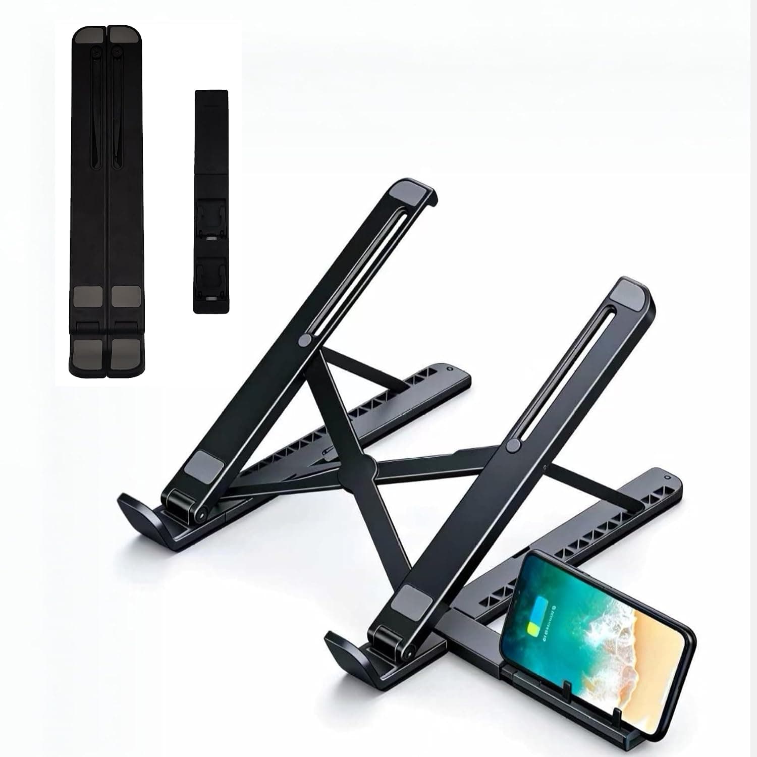 Foldable Laptop Stand with Integrated Phone Holder for Office Use | Adjustable, foldable, and easy to store, capable of accommodating both a laptop and a phone, suitable for daily office use