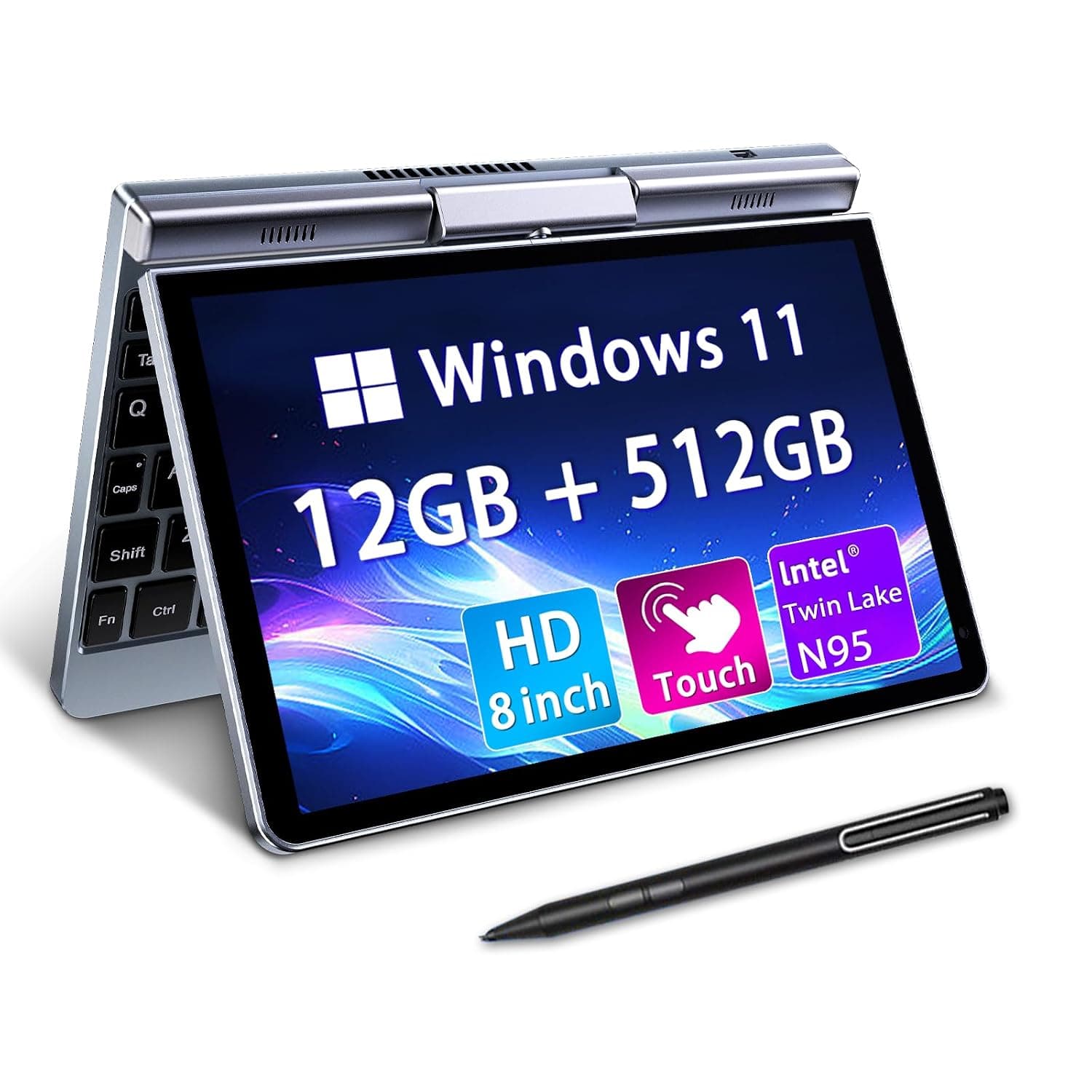 Mini Laptop 8" 2-in-1, Win 11, N150 (3.6GHz), 12GB RAM 512GB SSD, Touchscreen HD, Illuminated Keyboard, Wi-Fi 6, USB-C, Lightweight PC for Work/Kids/School