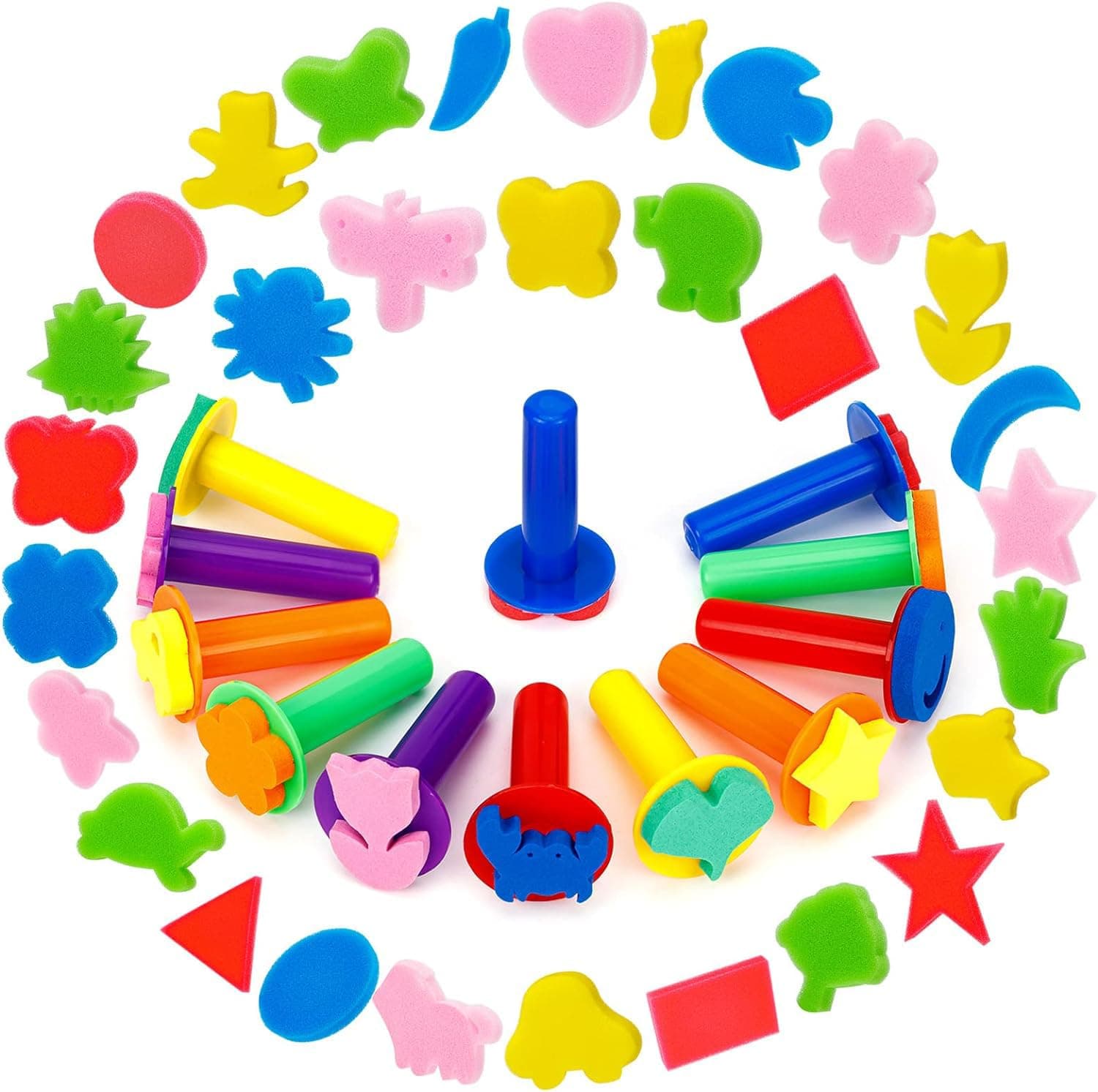 42Pcs Kids Paint Sponges Including 30 Craft Sponge Painting Shapes 12 EVA Sponge Stamper, Early Learning Finger Paint Sponge Brushes Foam Art Drawing Tools