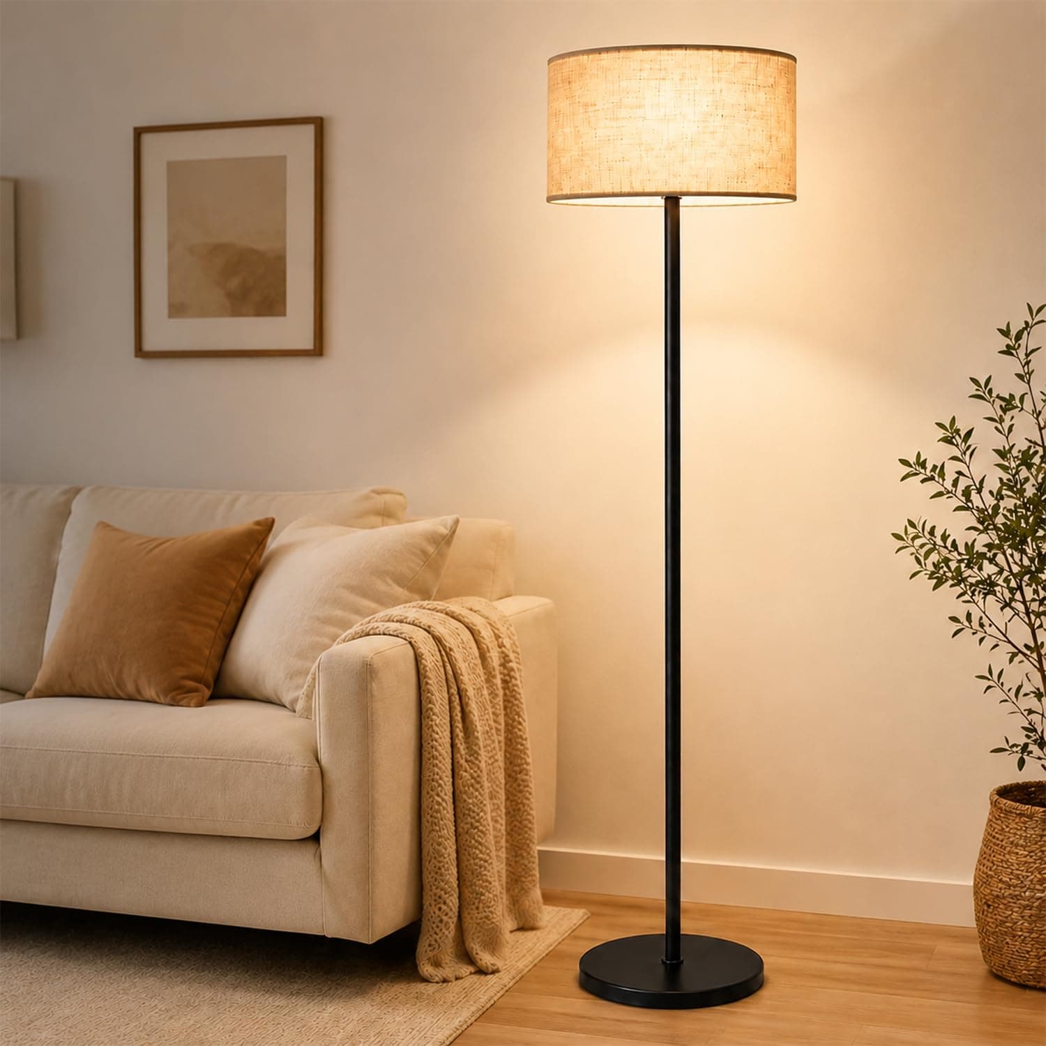63 Inch Modern Standing Floor Lamp Black Pole with Beige Fabric Shade Minimalist Tall Lighting for Living Room Bedroom Office & Reading Room(Included Bulb)