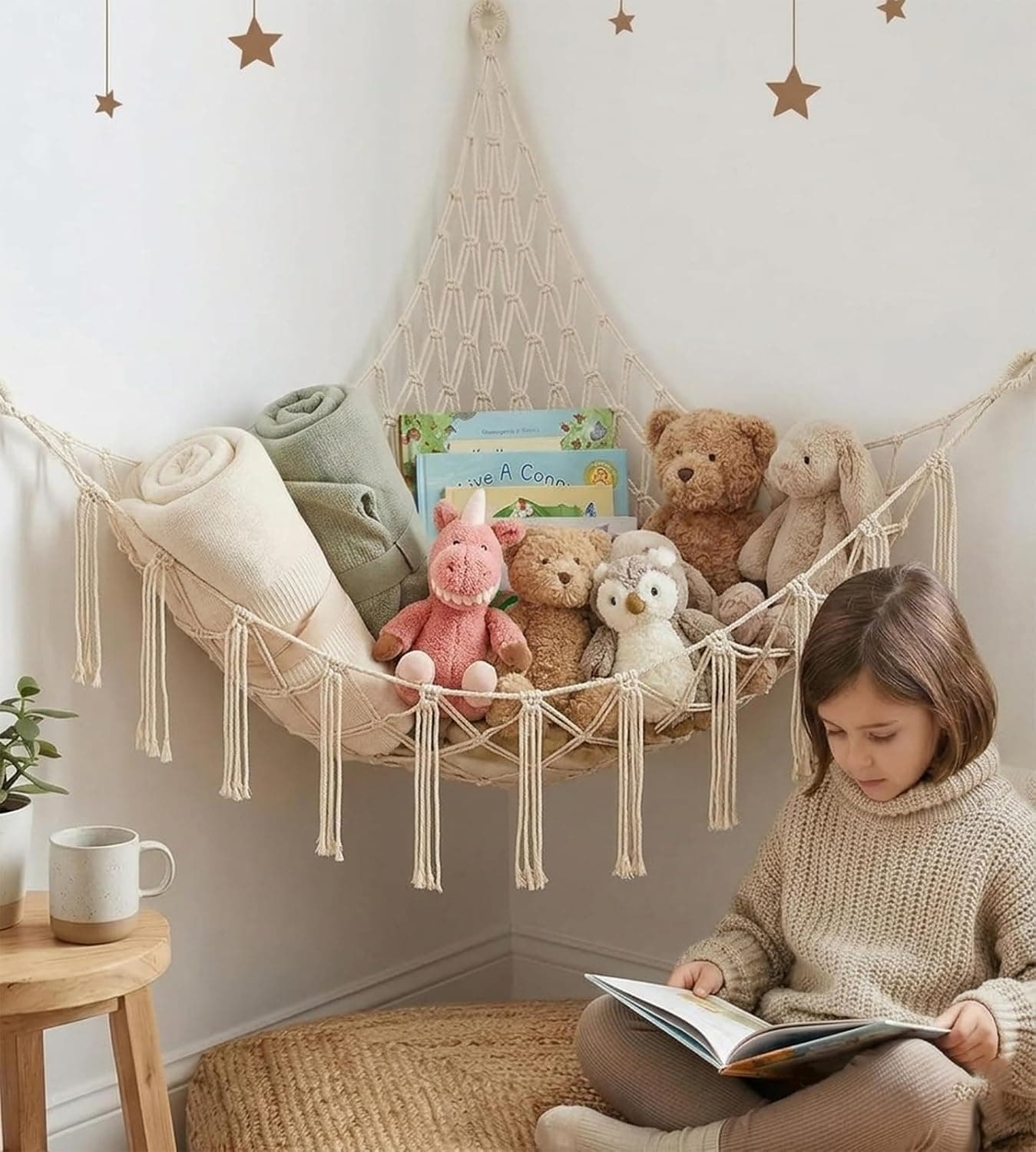 Stuffed Animal Storage Hammock Corner Net For Kids Room Organization, Large Toy Organizer Holder For Girls Bedroom Wall, Boho Nursery Decor For Plush Animals, Soft Dolls & Cute Toys (White)
