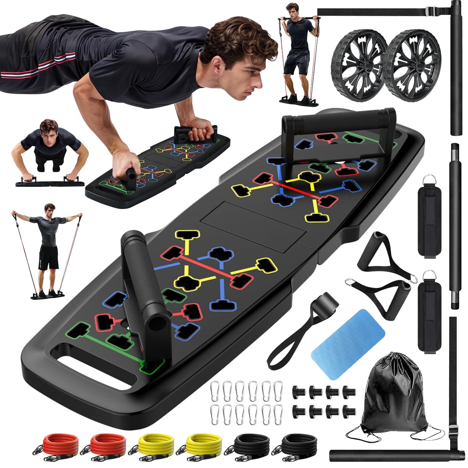 Push Up Board,Home Gym,Portable Exercise Equipment,Pilates Bar & 20 Fitness Accessories with Resistance Bands & Ab Roller Wheel,Full Body Workout at Home.