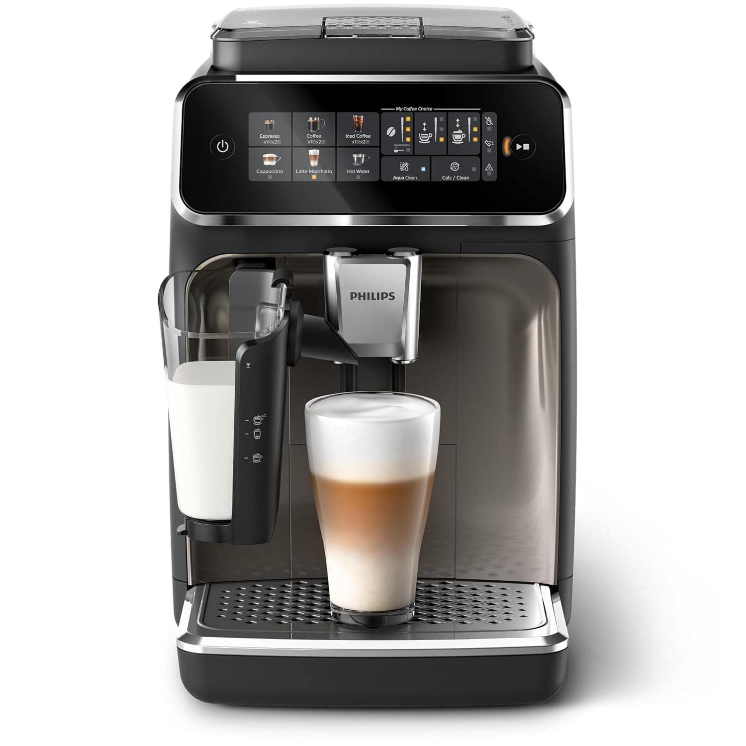 Philips Fully Automatic Coffee Machine Series 3300-6 Beverages, LatteGo, SilentBrew, Coloured Touch Display, 12 Grinder Settings, Black Chrome - EP3347/23