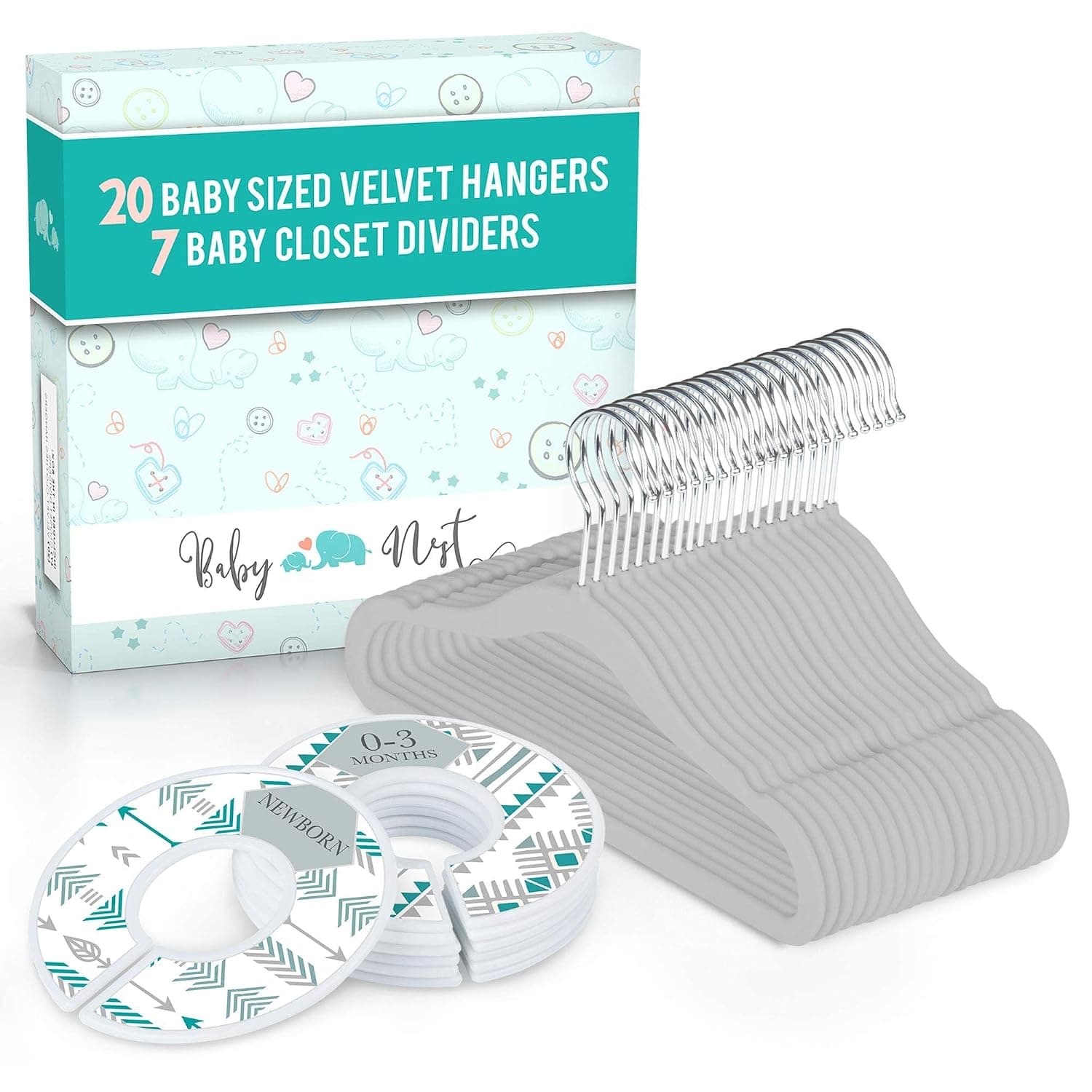 20x Baby Hangers for Closet with 7X Baby Closet Dividers for Nursery Velvet Baby Clothes Hangers Unisex Newborn Essentials Baby Size Organizer for Infant Clothing to 24 Months
