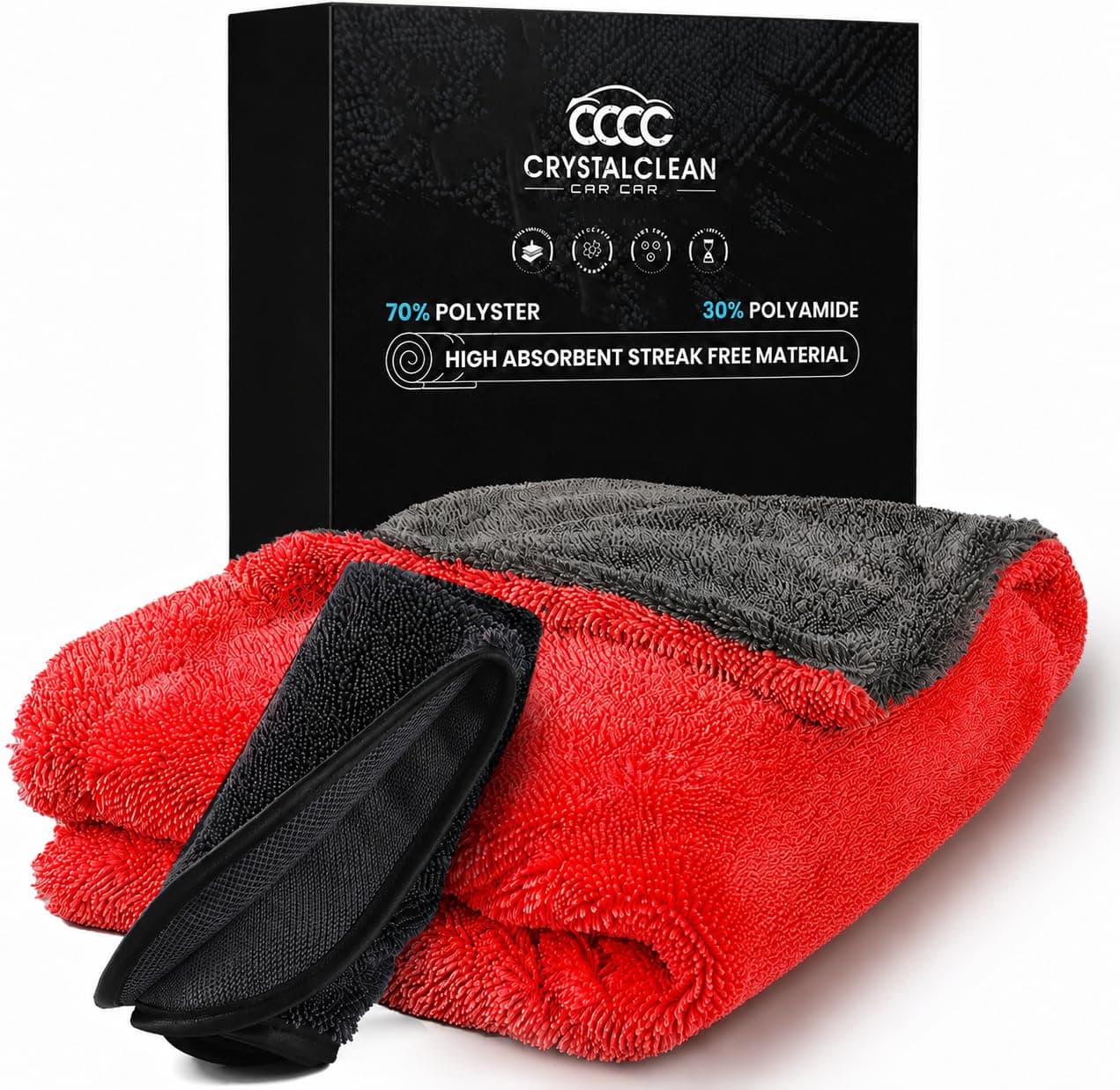 Microfiber towels for cars - 1300GSM X Large size Double twisted loop 2pcs - 70/30 Blend Quick Dry High absorbent Edgeless Streak free - Car drying towel for detailing 24x36″ & 12x12 (Grey+Red)