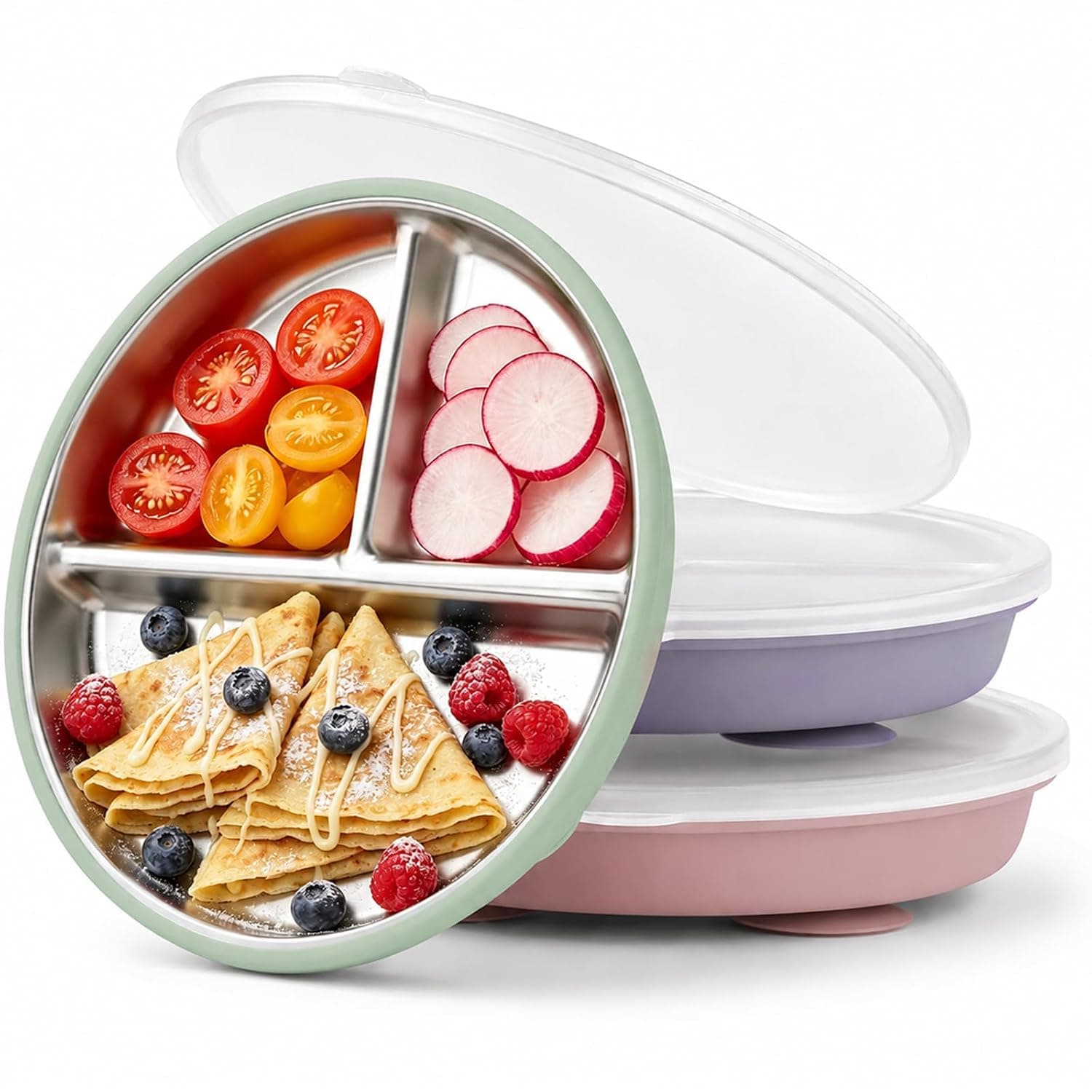Bakpoco Stainless Steel Suction Kids Plates with Lids, DEEP 9" Divided Family Table Plate for 2Y-8Y+ Toddlers & Preschooler, Bigger Portions Transition, 3-Pack