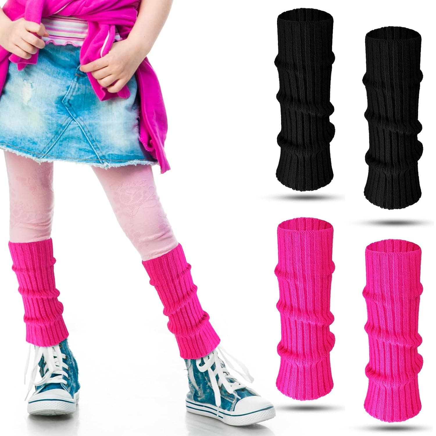 2 Pairs 80s Neon Leg Warmers for Girls Toddler Knit Ribbed Leg Socks for 1980s Party Winter Sport Cosplay Costume Accessories