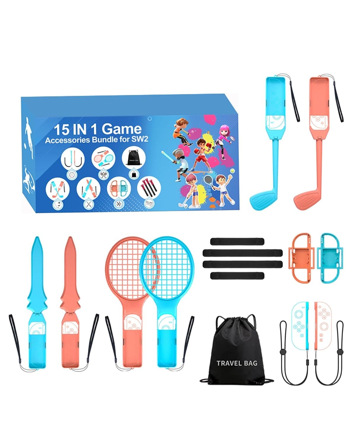 15 in 1 Switch 2 Sports Games 2025 Accessories Bundle Pack for Switch 2 with Tennis Rackets, Golf Clubs, Chambara Swords, Soccer Leg Straps & Joycon Grips Case - With Carry Bag