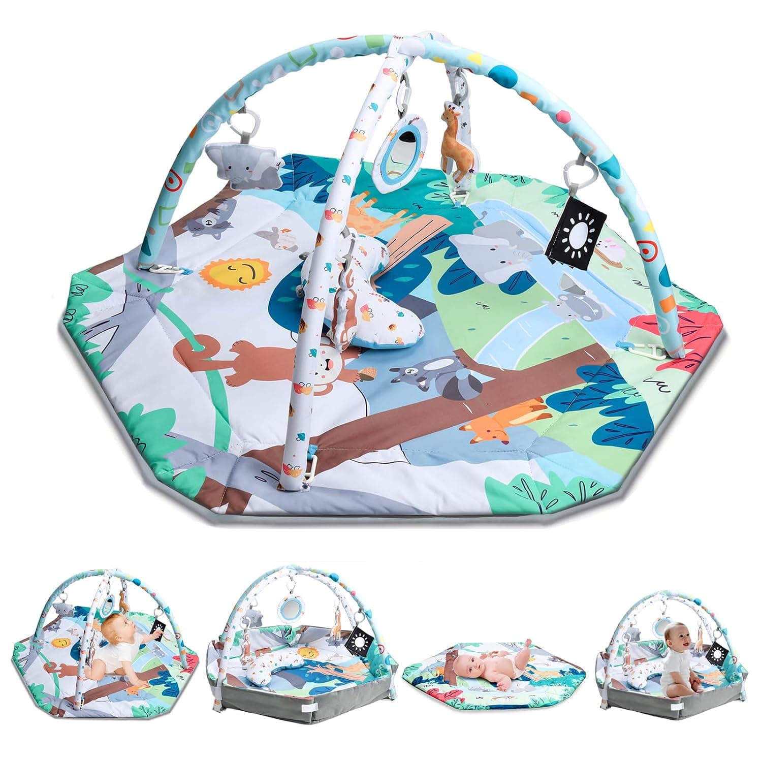 Baby Gym Play Mat, 8-in-1 Tummy Time Mat & Ball Pit with 5 Toys, Washable Baby Activity Play Mat for Visual, Hearing, Sensory, Motor Development, Baby Toys Gift for Toddler Infant 0-3-6-9-12 Months