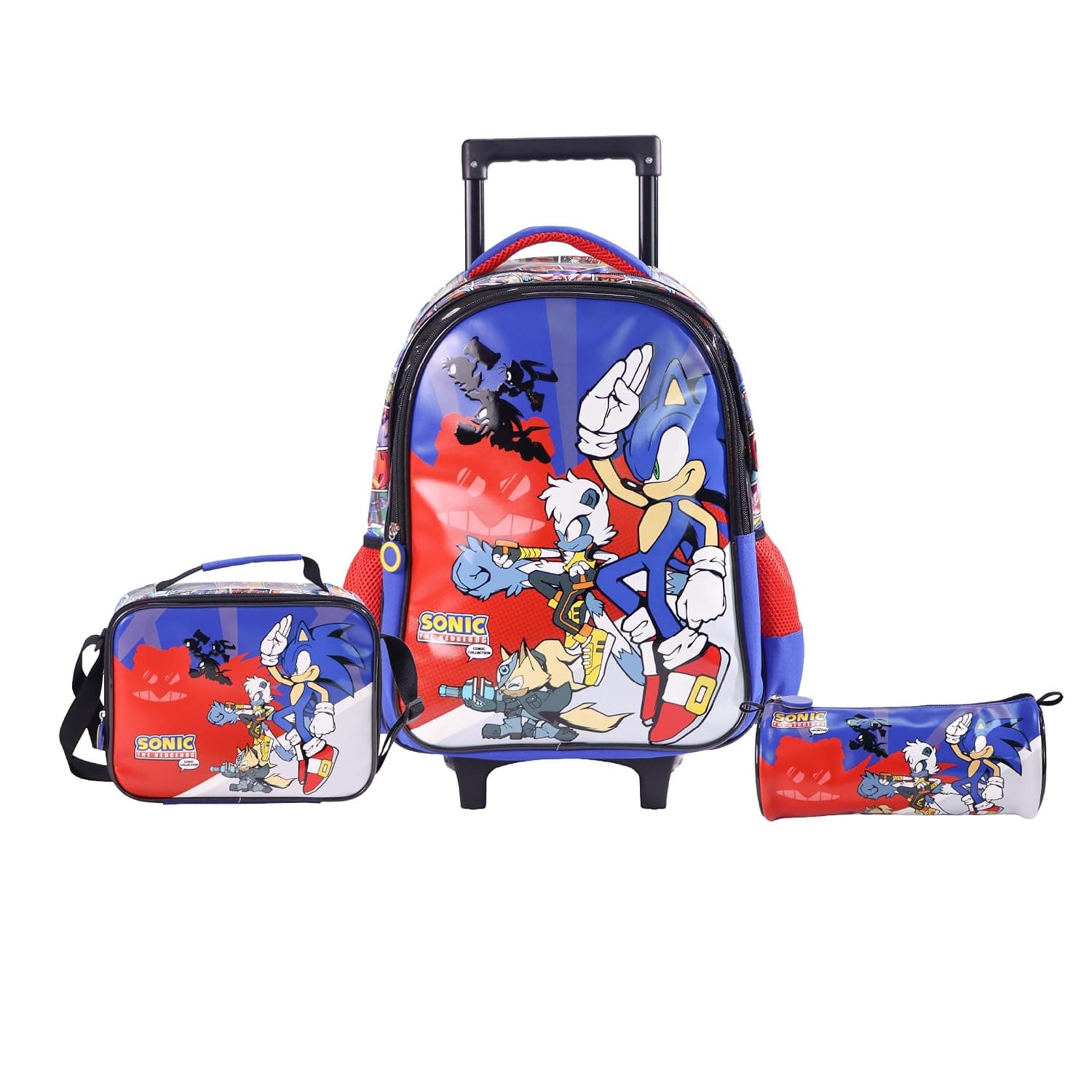 The Moon Brand Licensed SONIC the Hedgehog 3 in 1 Kids Trolley Set - (16-Inch) with Lunch Bag & Pencil Case-Red&Blue