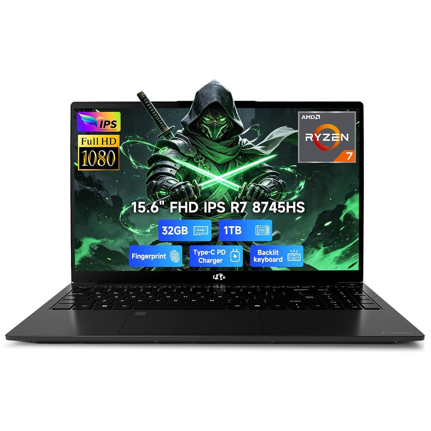 NIMO Light-Gaming-Laptop, Ryzen 7 8745HS (8C/16T) 32GB DDR5 1TB SSD, Radeon 780M, 75WH 100W PD 15.6” FHD Backlit KB, Fingerprint, WiFi 6E, Business Laptops for Video Editing Creator