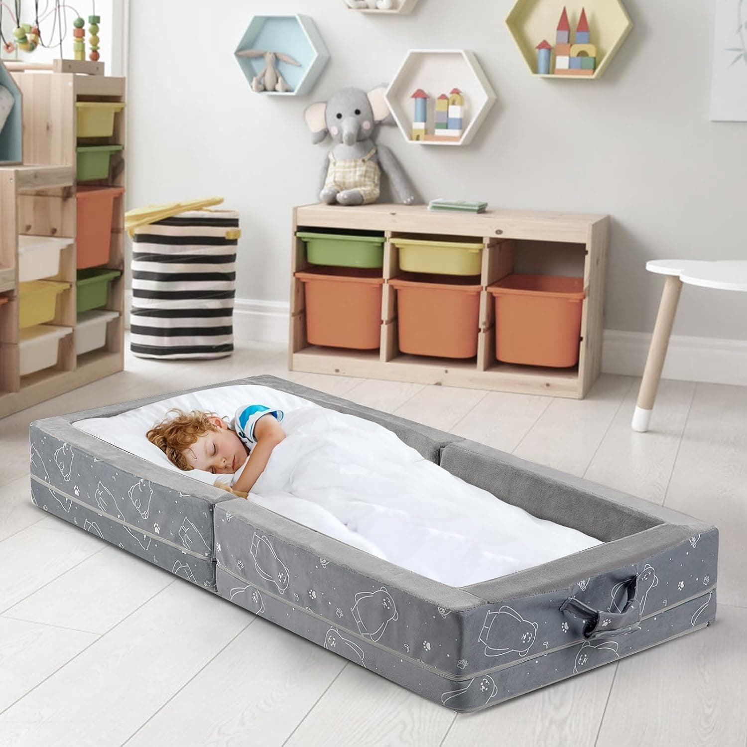 Portable Foldable Toddler Travel Bed - Soft Foam Floor Bed with Washable Cover, Safe and Comfortable Toddler Crib, Grey