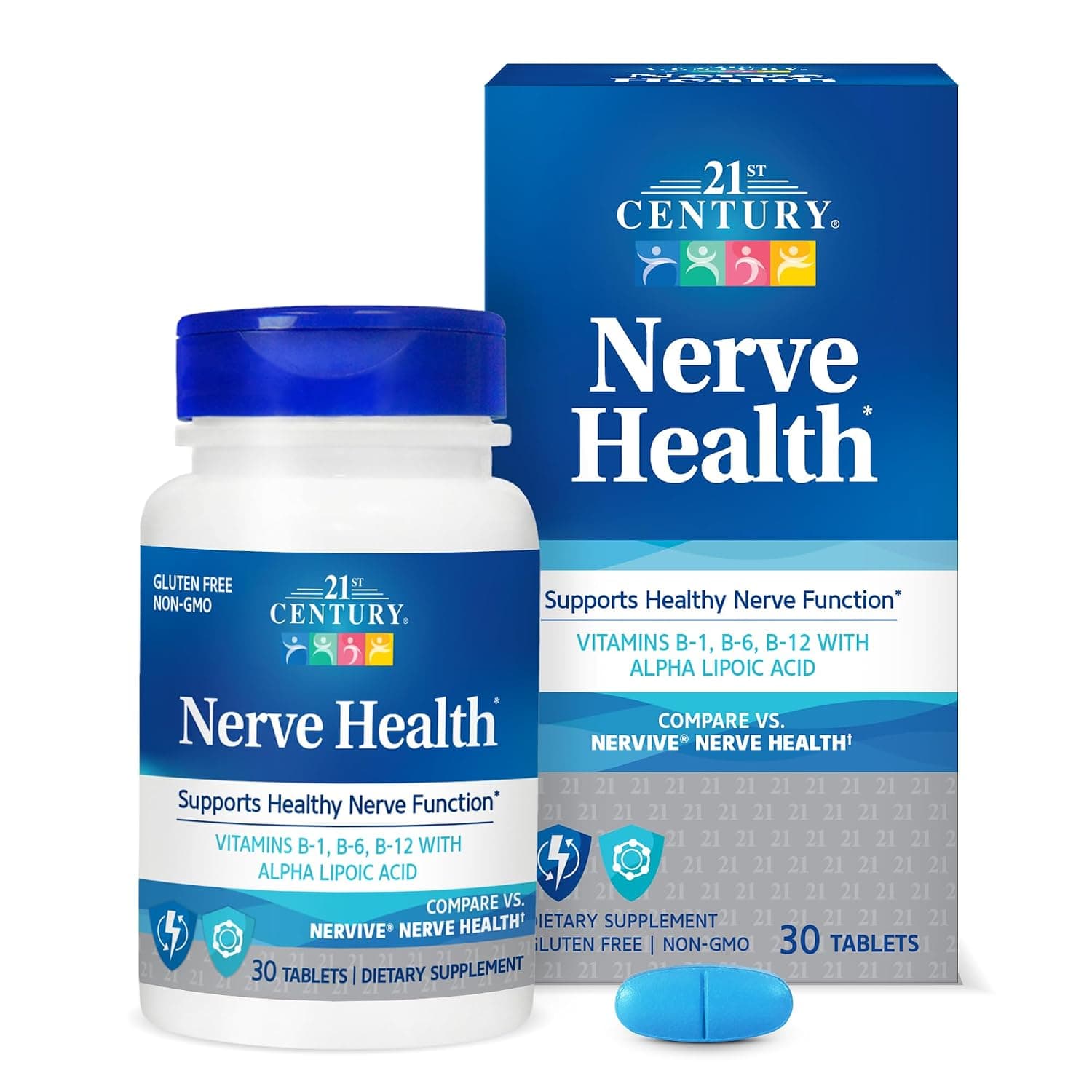 21st Century Nerve Health Tablets (30 Count), Alpha Lipoic Acid 300mg, B1, B6, & B12 Vitamins for Nerve Function Support, Antioxidant ALA Supplement, Gluten Free. Non-GMO, & Vegan