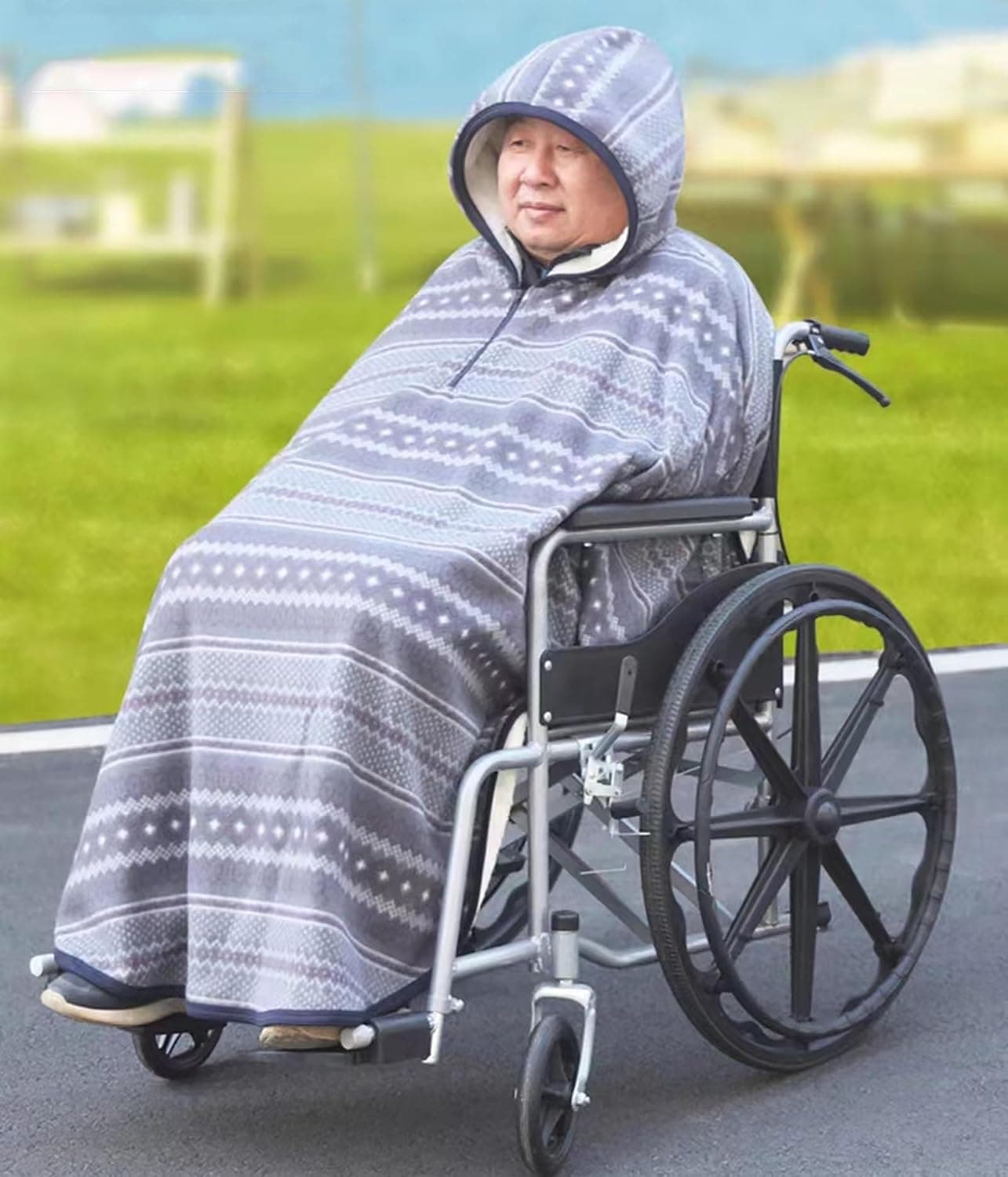 Wheelchair Shawl with Hood,ThickenedFleece-Lined Wheelchair Cape, Winter Windproof Full Body Warm Covers, for Women and Men Thermal Travel Blanket(Gray)