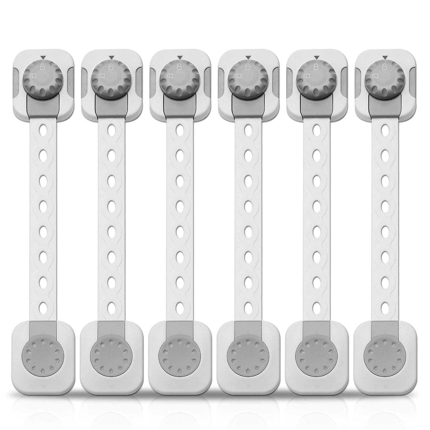 Child Safety Cabinet Locks to Baby Proof - Cabinets, Drawers, Fridge, Closet Doors Etc. Pack of 6, 3M Adhesive with Length Adjustable Strap Dual Action Lock and Extra Corner Protectors