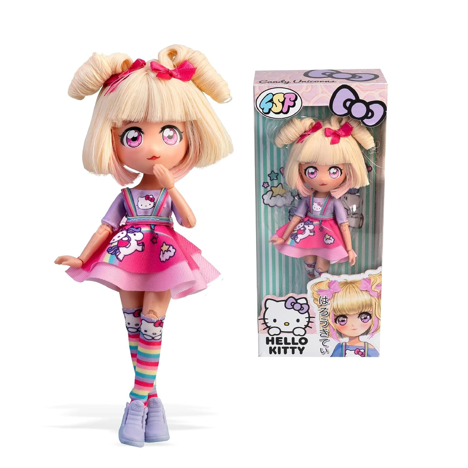 Famosa 4SF - Hello Kitty Manga Doll Candy Unicorn, Japanese Fashion Doll with Manga Style, Figure of 19.5 cm with 15 Points of Articulation, Blonde Hair, Accessories Included (HKTF0400)