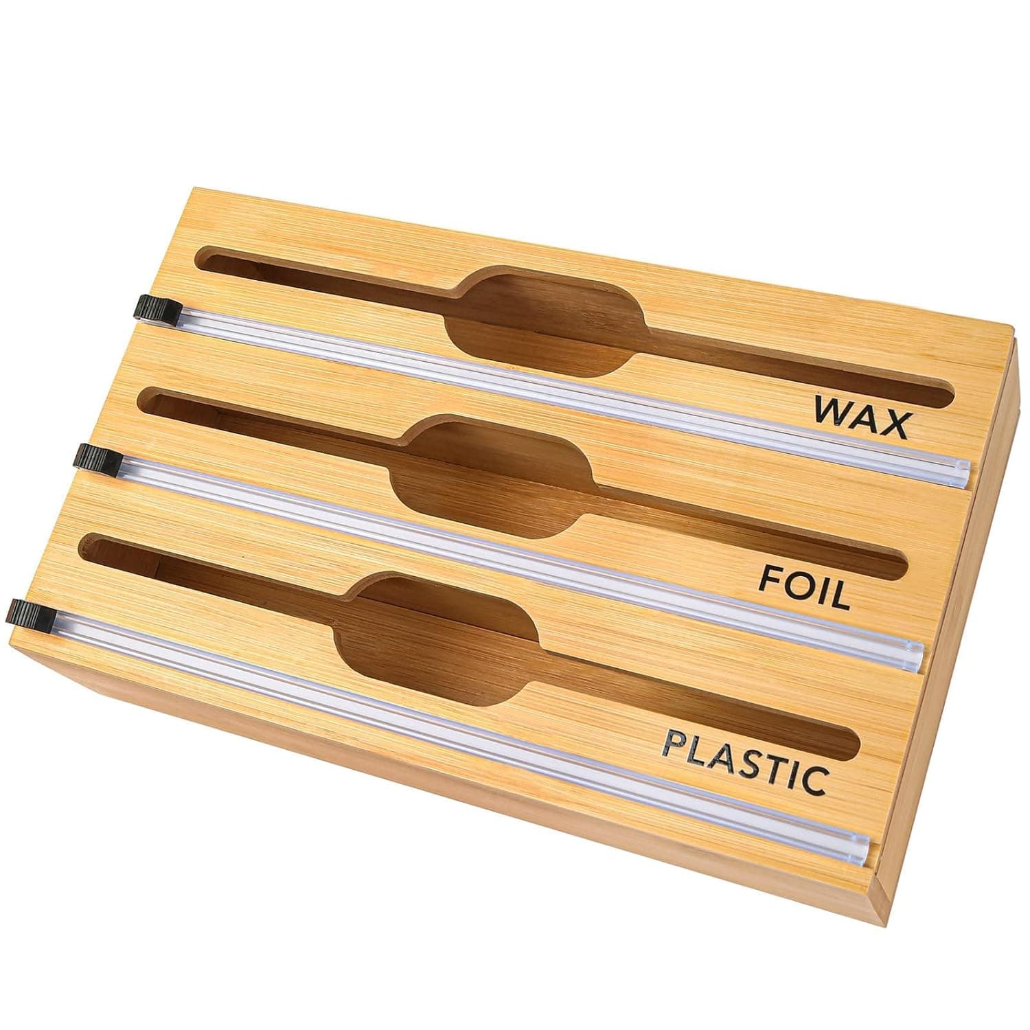 Bamboo Organizer Box, Cling Film Tin Foil Cutter for Home Kitchen, 3 in 1 Packing Dispenser with Cutter and Labels, Dispenser for 12" Foil and Wax Paper, Kitchen Drawer, Bamboo Roll Storage Rack
