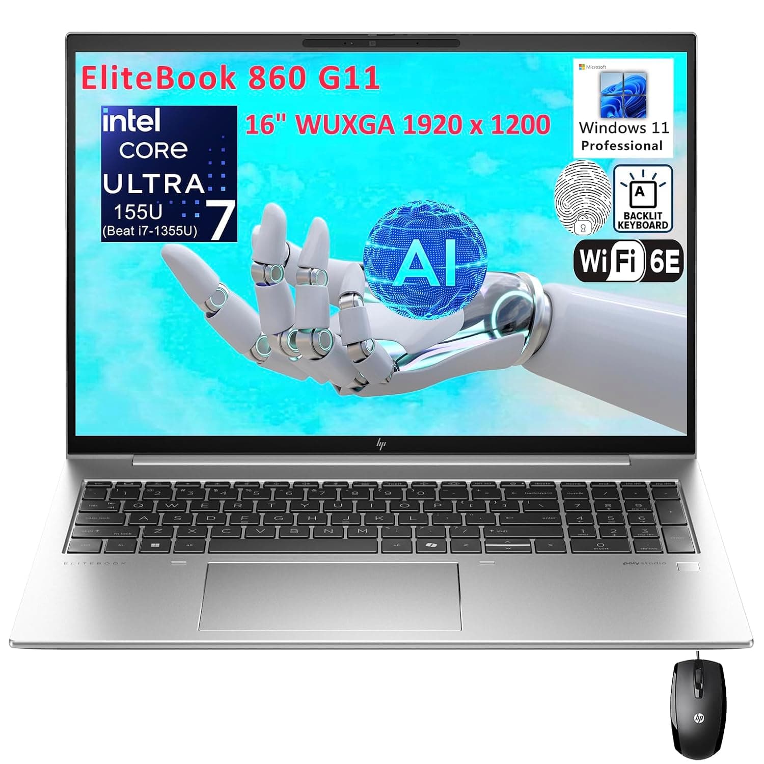 HP EliteBook 860 G11 16" FHD+ Business Laptop Computer, Intel Ultra 7 155U (Beat i7-1355U), 16GB DDR5 RAM, 1TB PCIe SSD, WiFi 6E, BT 5.3, Backlit Keyboard, Fingerprint Reader, Windows 11 Pro, AZ-XUT