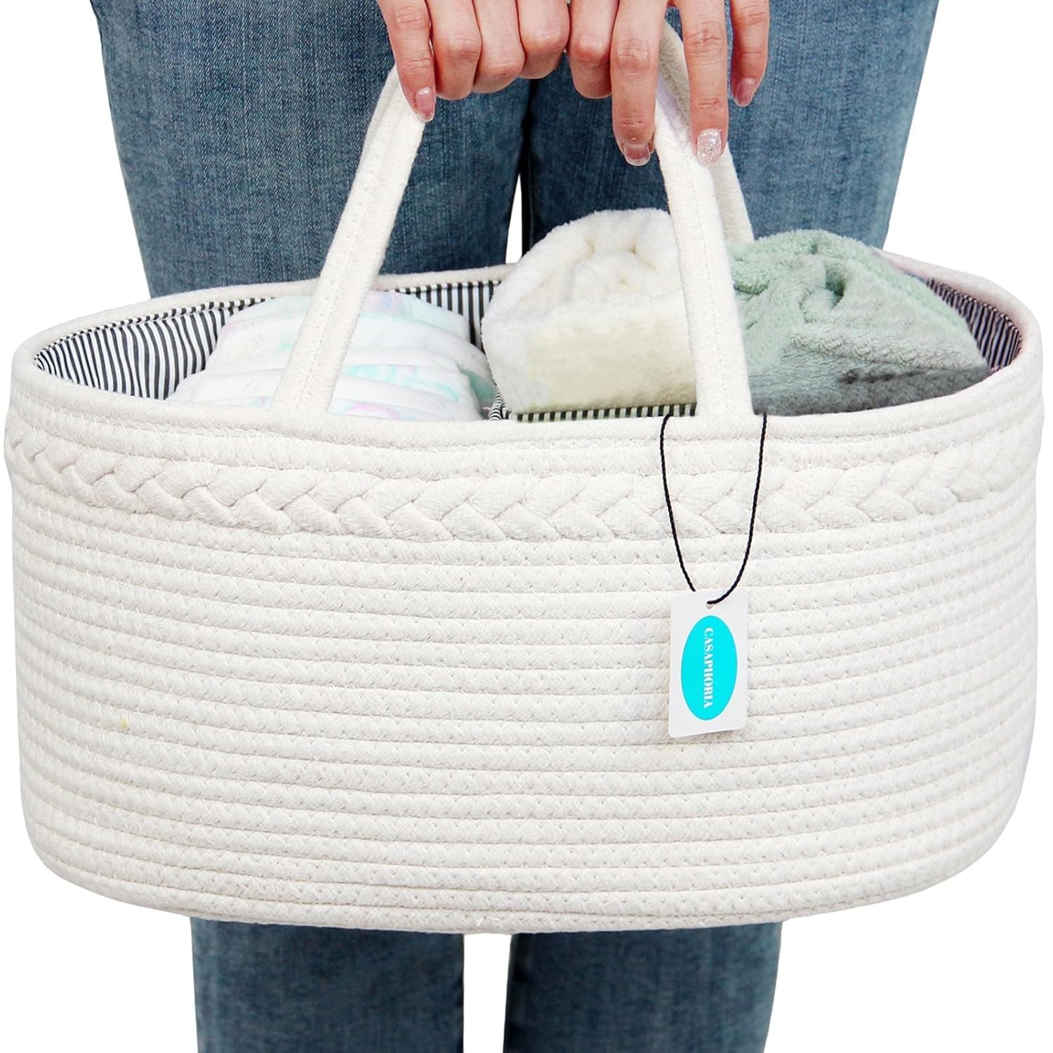 Casaphoria Little Large Baby Diaper Caddy Organizer - Nursery Storage Bin for Boys & Girls, Car Organizer, Cotton Rope Basket Portable Bag | Cream White(14.2"x8.5"x7.1")