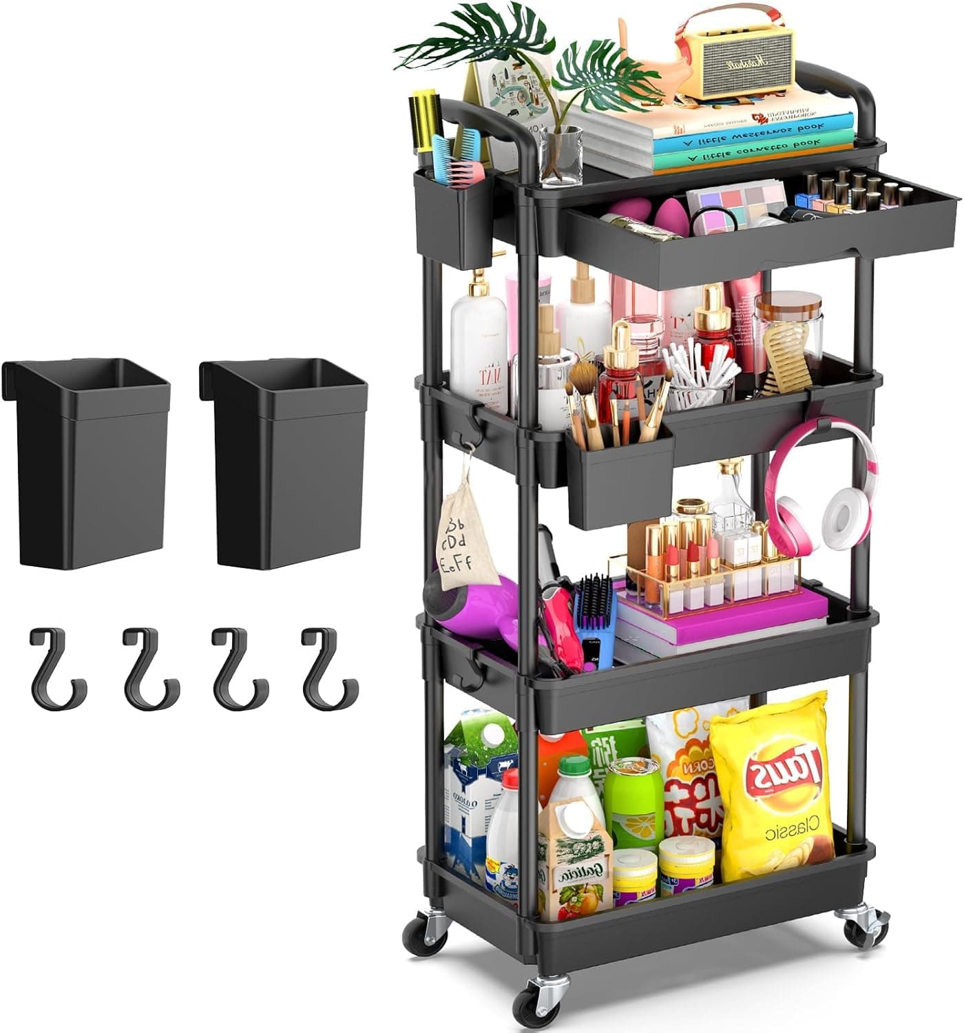 4-Tier Mobile Storage Trolley with Detachable Drawer, Black – Heavy-Duty Rolling Organizer Cart with 2 Brake Wheels, Ideal for Bathroom, Kitchen, Snacks, Crafts, Cosmetics and Baby Supplies