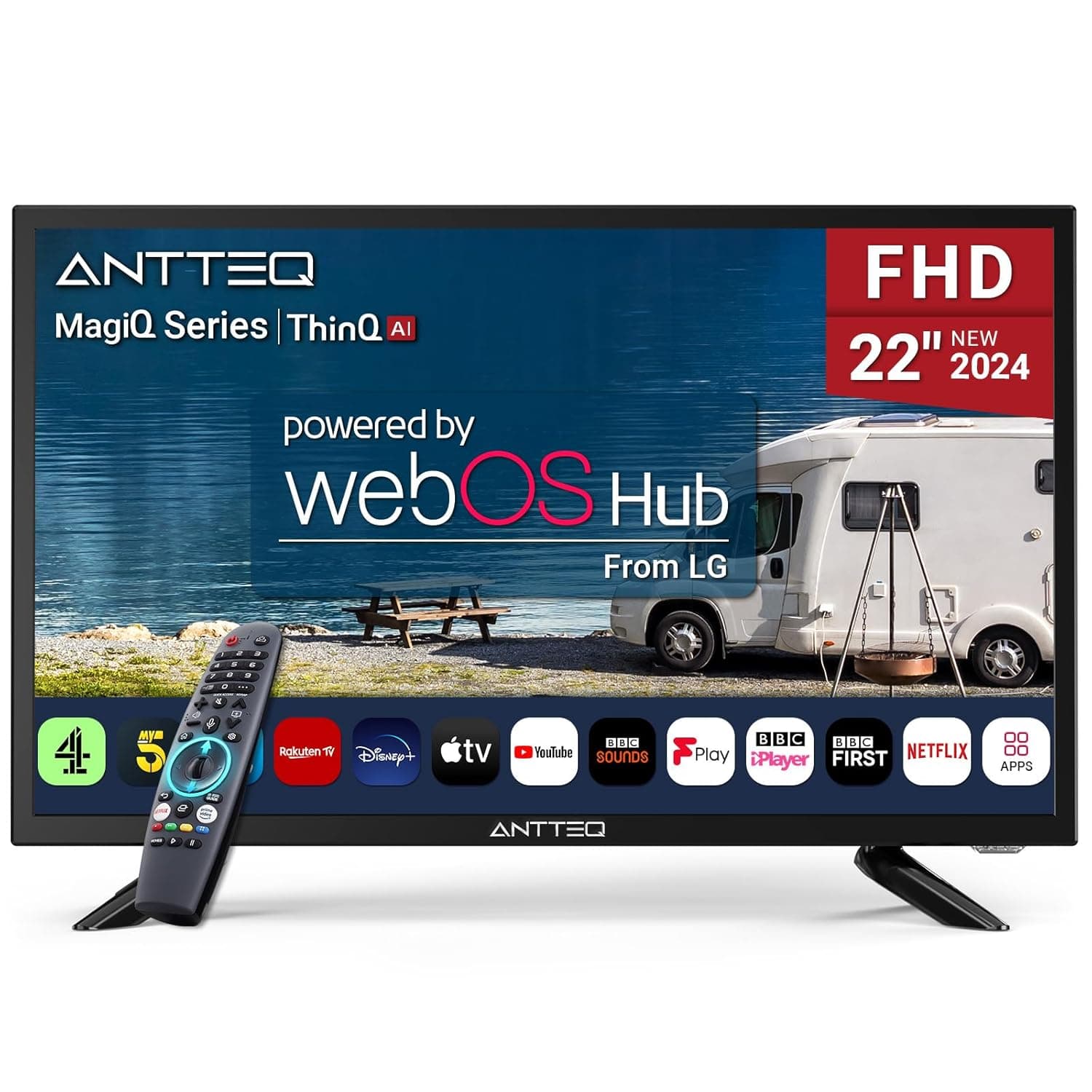 Antteq 22 Inch FHD Smart TV 12V, WebOS 12 Volt Television with AI Voice Control Remote, BBC Freeview Netflix Airplay, HDMI/USB, Small Travel Screen for Caravan Truck Boat Motorhome