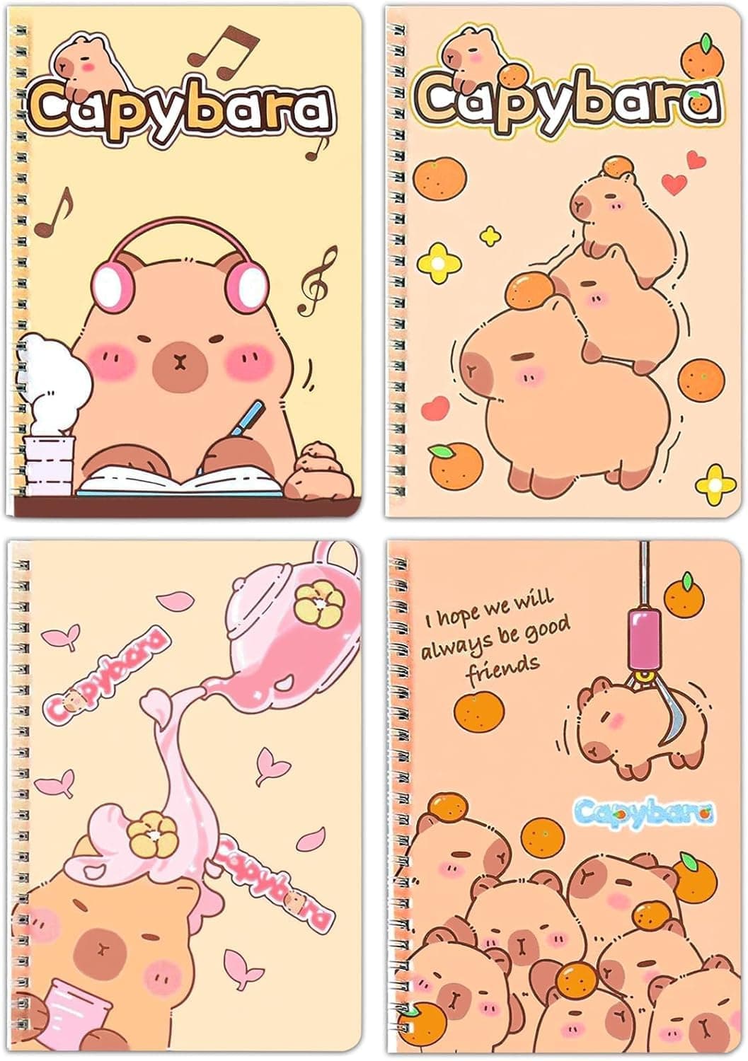 4 Pcs Cute Capybara Spiral Notebook Set, A5 Journals 8.3 x 5.7 Inches, 60 Sheets Each, Kawaii Stationery for Gifts, Fun Office Supplies, Durable Paper, Ideal for School, Work, and Cute Fans