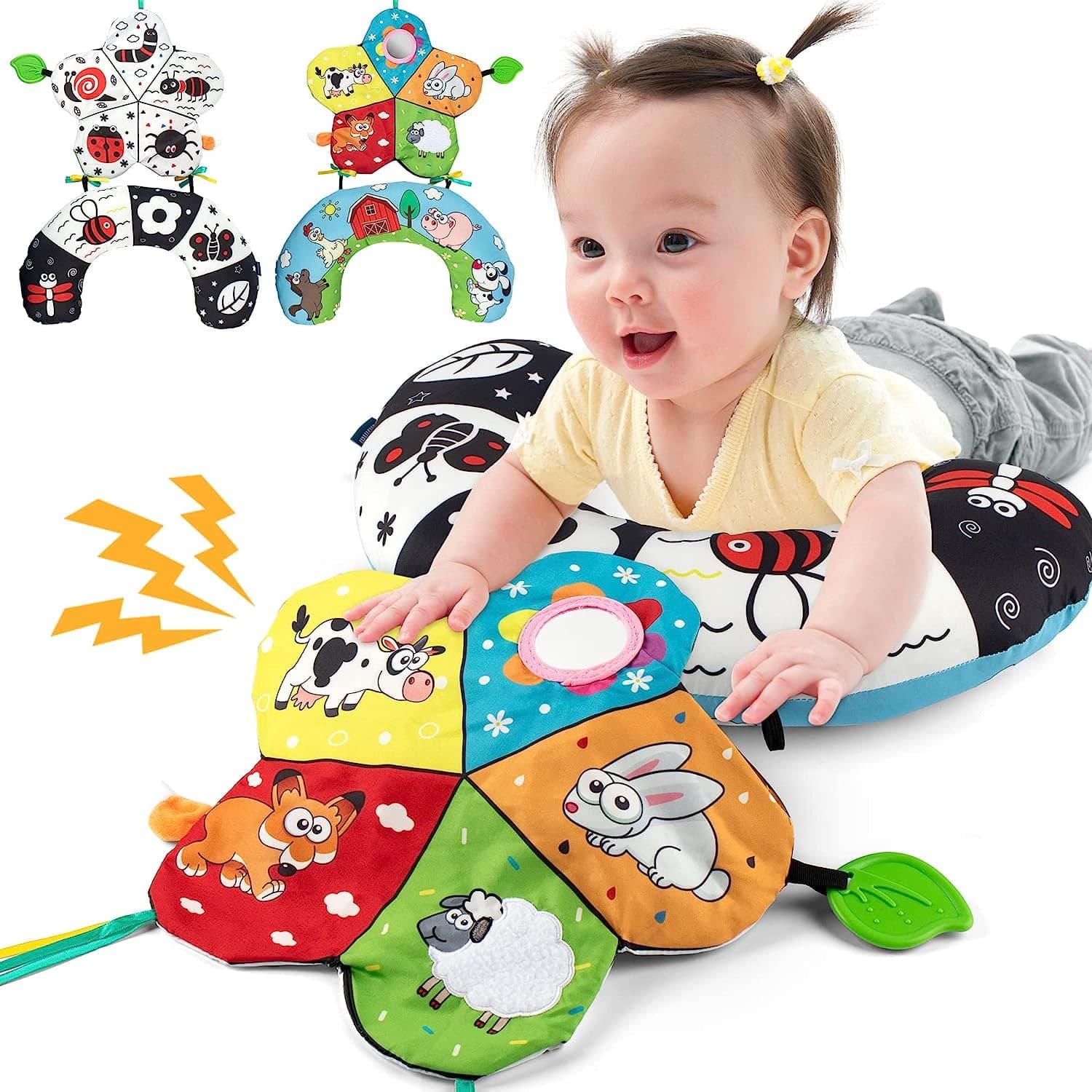 Soofam Tummy Time Pillow Toys, Black and White High Contrast Baby Toys, 2-Sided Montessori Sensory Toys with Crinkle Paper & Teethers, Newborn Toddler Crawling Toy Soft Infant Toy 0-12 Months
