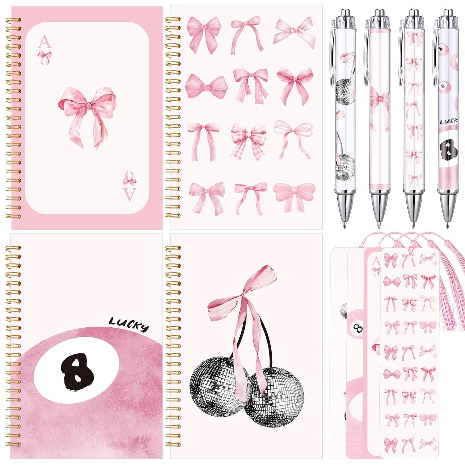 MotiMind 12 Pcs Coquette Pink Bow Set 4 Coquette Preppy Hardcover Spiral Notebooks with 4 Ballpoint Pens Retractable Black Ink and 4 Tassels Bookmarks, Cute Bow Coquette Stuff Preppy School Supplies