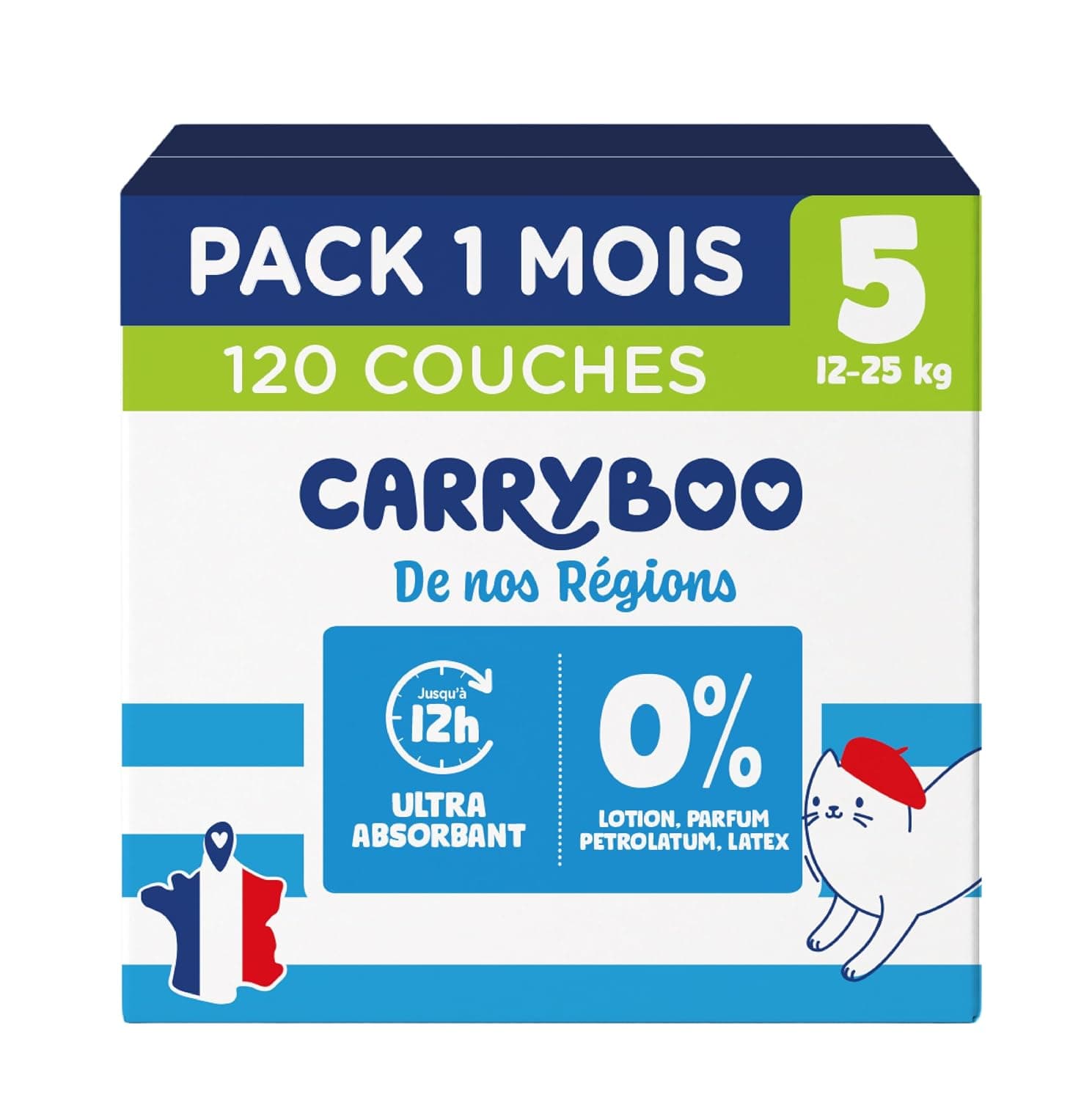 Carryboo De nos Regions - Size 5 Nappies 7-18 kg - Disposable Nappies from France - > Baby Care - Local and Environmentally Friendly - Natural Composition - Affordable Price - 120 Items - 1
