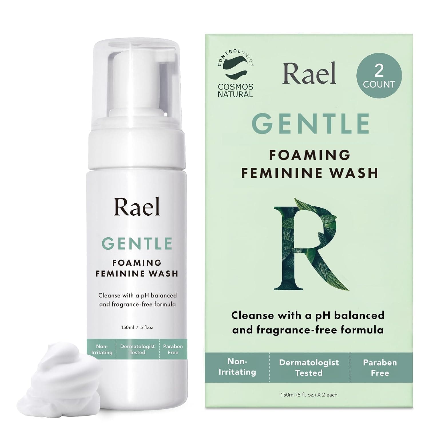 Rael Gentle Feminine Wash, Foaming Cleanser for Intimate Care (5 oz, 2 Pk) | Coco-Betaine and p-Anisic Acid, Foaming Intimate Wash, Daily pH Balanced Care for Women, Fragrance Free