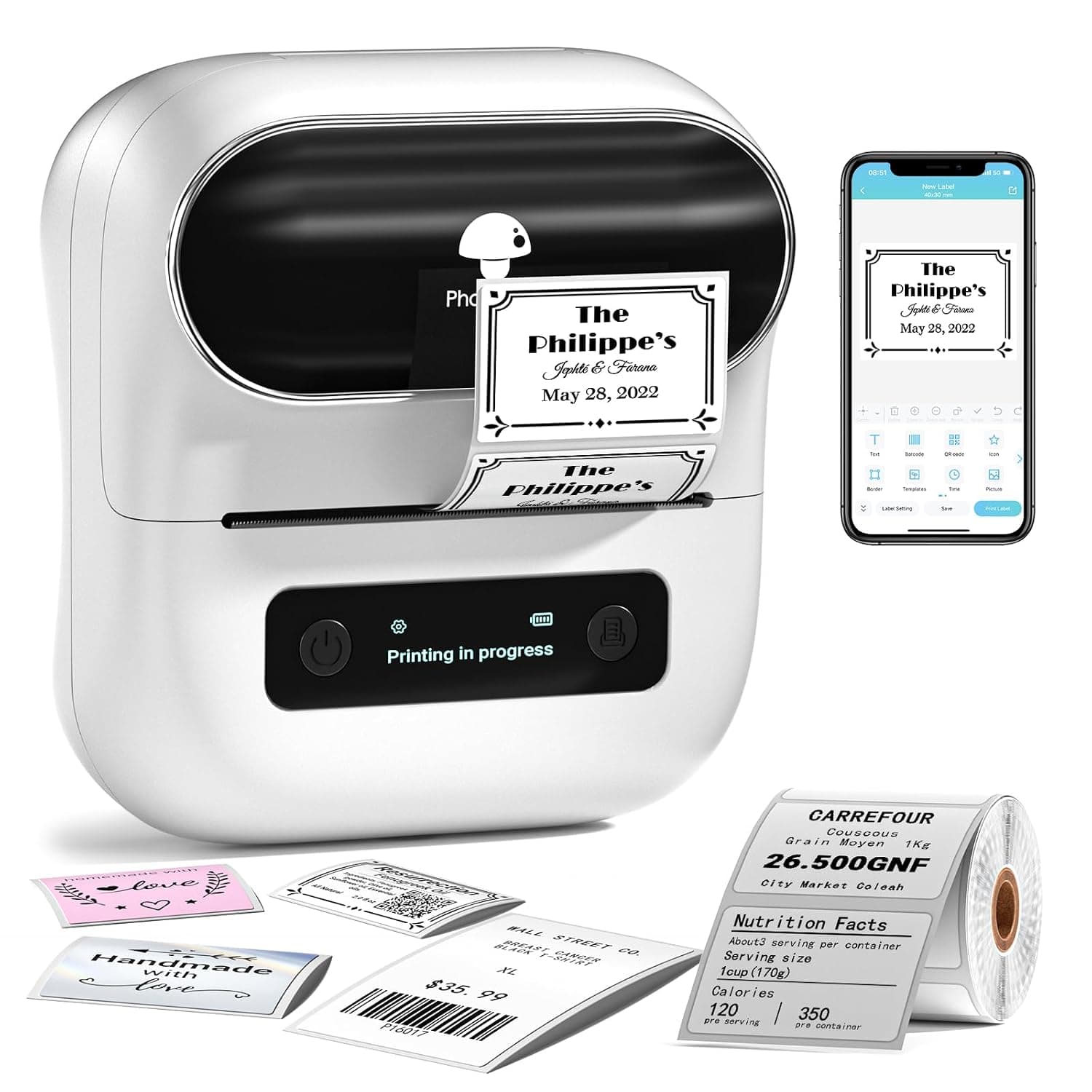 Phomemo M220 Label Maker, 3 Inch Barcode Label Printer, Portable Sticker Maker Machine for Barcode, Name, Address, Mailing, Small Business, Compatible with Phones&PC, Support Arabic and English