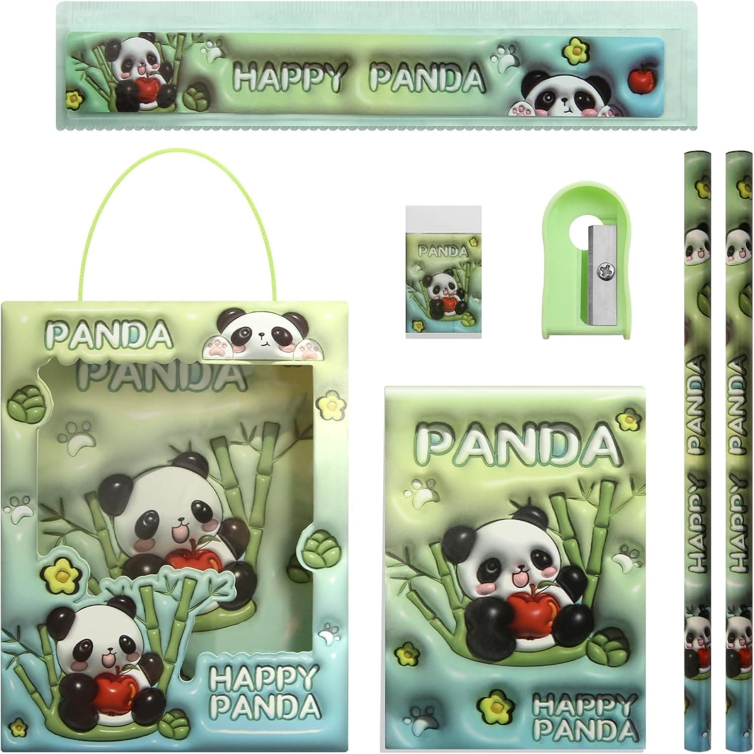 School Supplies Kit, 6 in 1 Cute Panda Stationery Set Gift Box for Kids Students, Includes Mini Notebook, 2 Pencils, Eraser, Ruler, Sharpener, Ideal Study Gift for School & Office