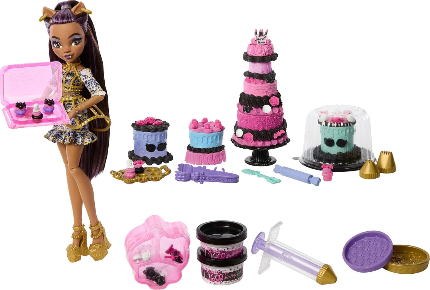 Monster High Scary Sweet Birthday Cake Kit with Clawdeen Wolf Doll, Cake Decorating Playset with 20+ Accessories Like Eerie Icing, Pipette, and More | Doll and Cake Decorating Playset with 20+ Accessories Like Eerie Icing, Pipette, Molds, and More
