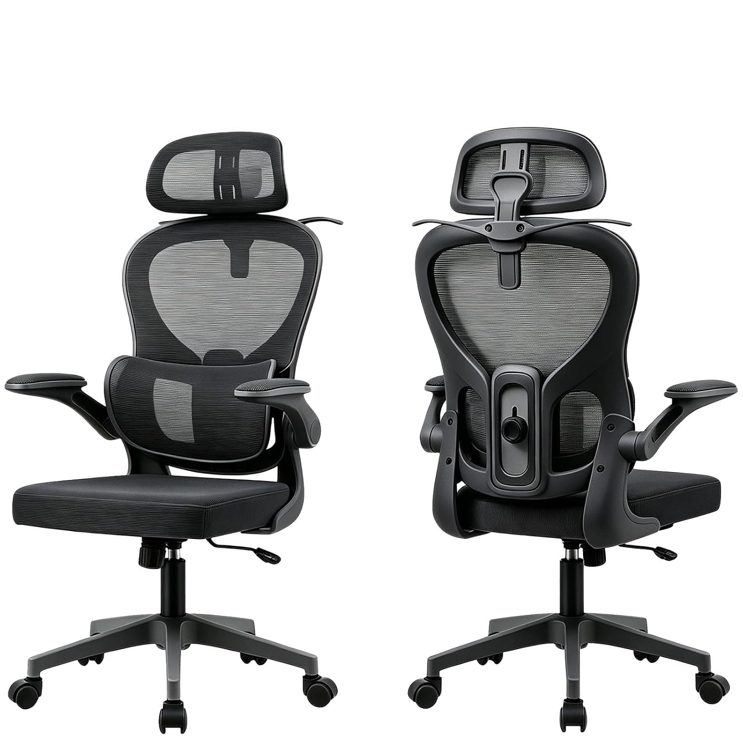 Grey Mesh Office Desk Chair with 3D Headrest | Flip-Up Armrests & Adjustable Lumbar Support | 350LBS Capacity - Perfect for Home/Office Spaces (black)