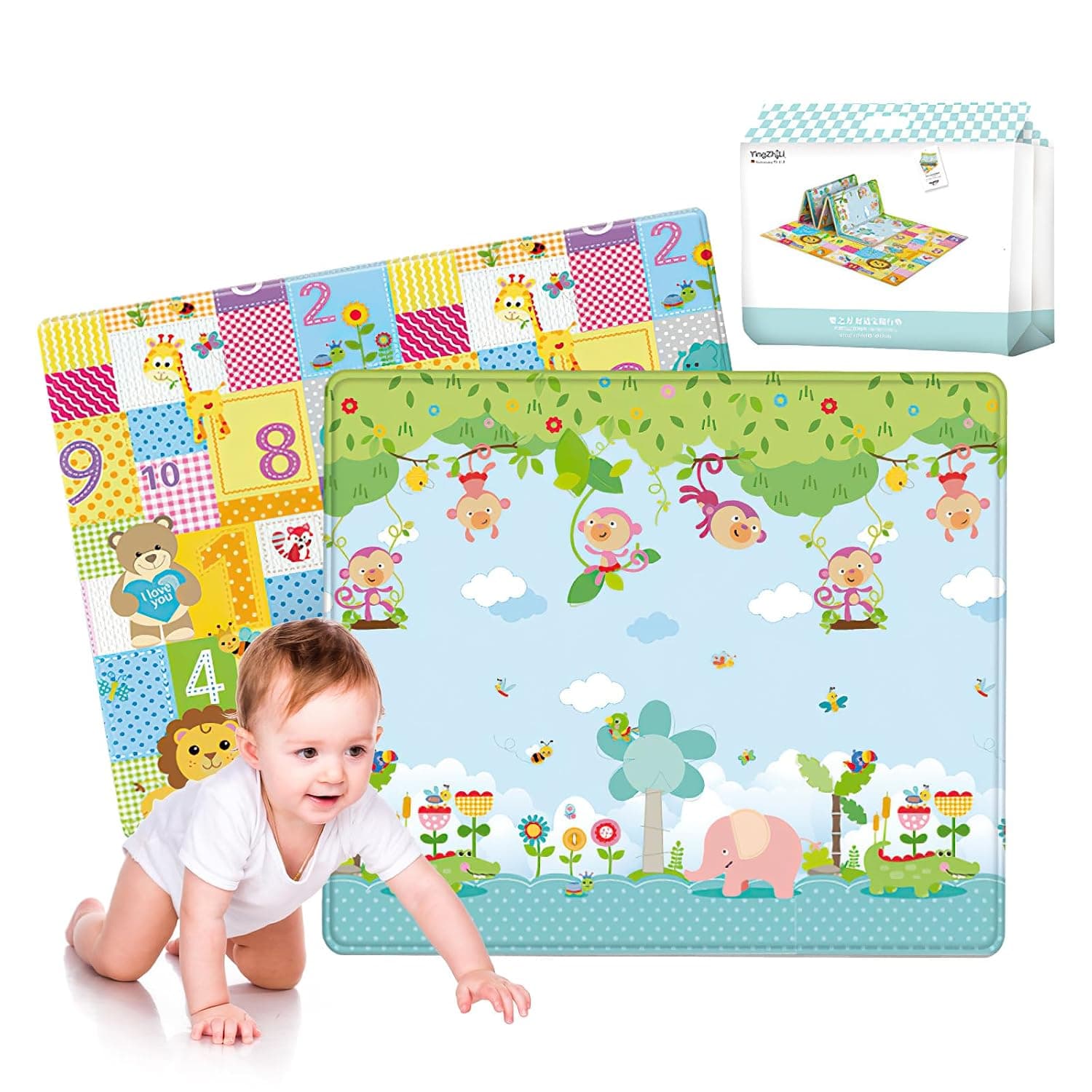 Foldable Baby Play Mat for Floor 200x180CM, Waterproof Non-Slip Crawling Mat, 4-Layer Thick Floor Mat for Baby Nursery & Travel, Reversible Soft Playmat for Bedroom, Camping & Playtime Carpet (Lion)