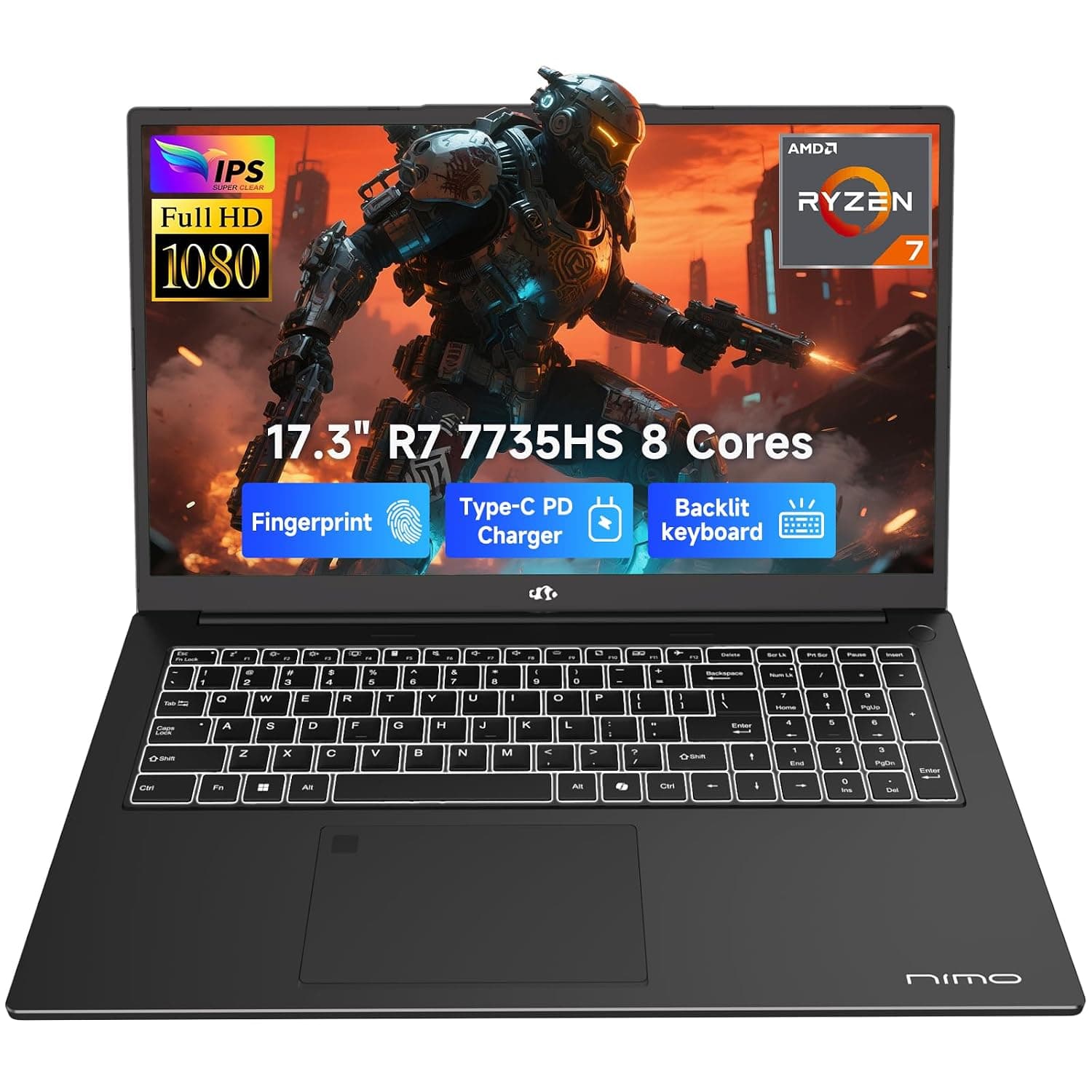 NIMO 17.3" FHD-Gaming-Laptop, AMD R7 7735HS (8C/16T, Beats i7-12650H) 32GB DDR5 RAM 1TB SSD Business-Computer with Radeon 680M, 100W Type-C, Wi-Fi 6E, 75Wh Battery, Fingerprint, Backlit Keyboard