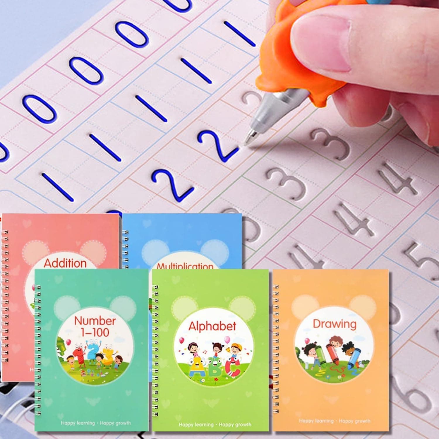 ALMEKAQUZ Reusable Grooved Handwriting Workbooks, Magic Copybook, Magic Writing Practice Copy Books, Practice Copybook for Age 3-5 Calligraphy Simple Hand Lettering (5 Books with Pens).