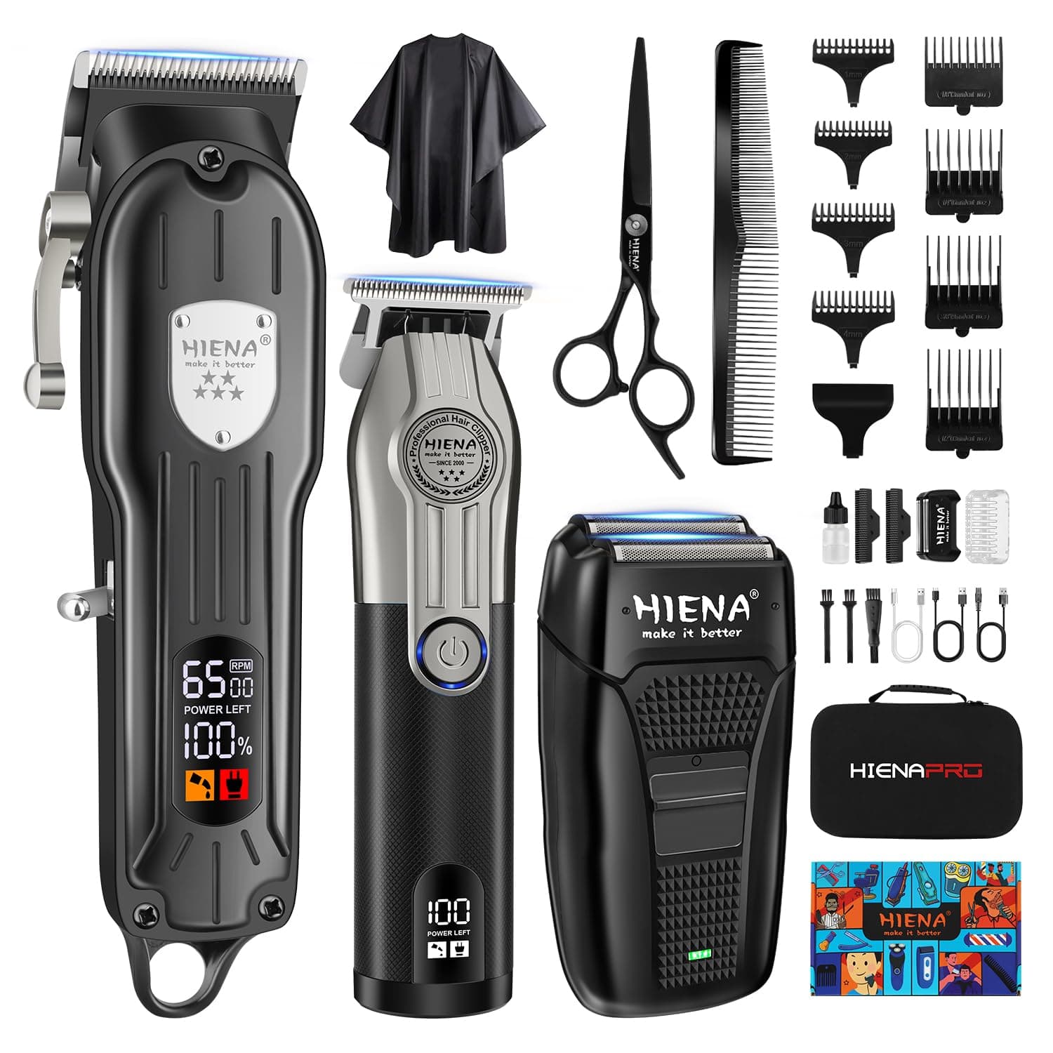 HIENA PRO Hair Clippers Men Cordless for Set Professional Hair Trimmer For Men And Foil Shaver Set Electric Razor for Men Beard Trimmer Men Rechargeable for Barber Clippers Set With LED Display(Black)