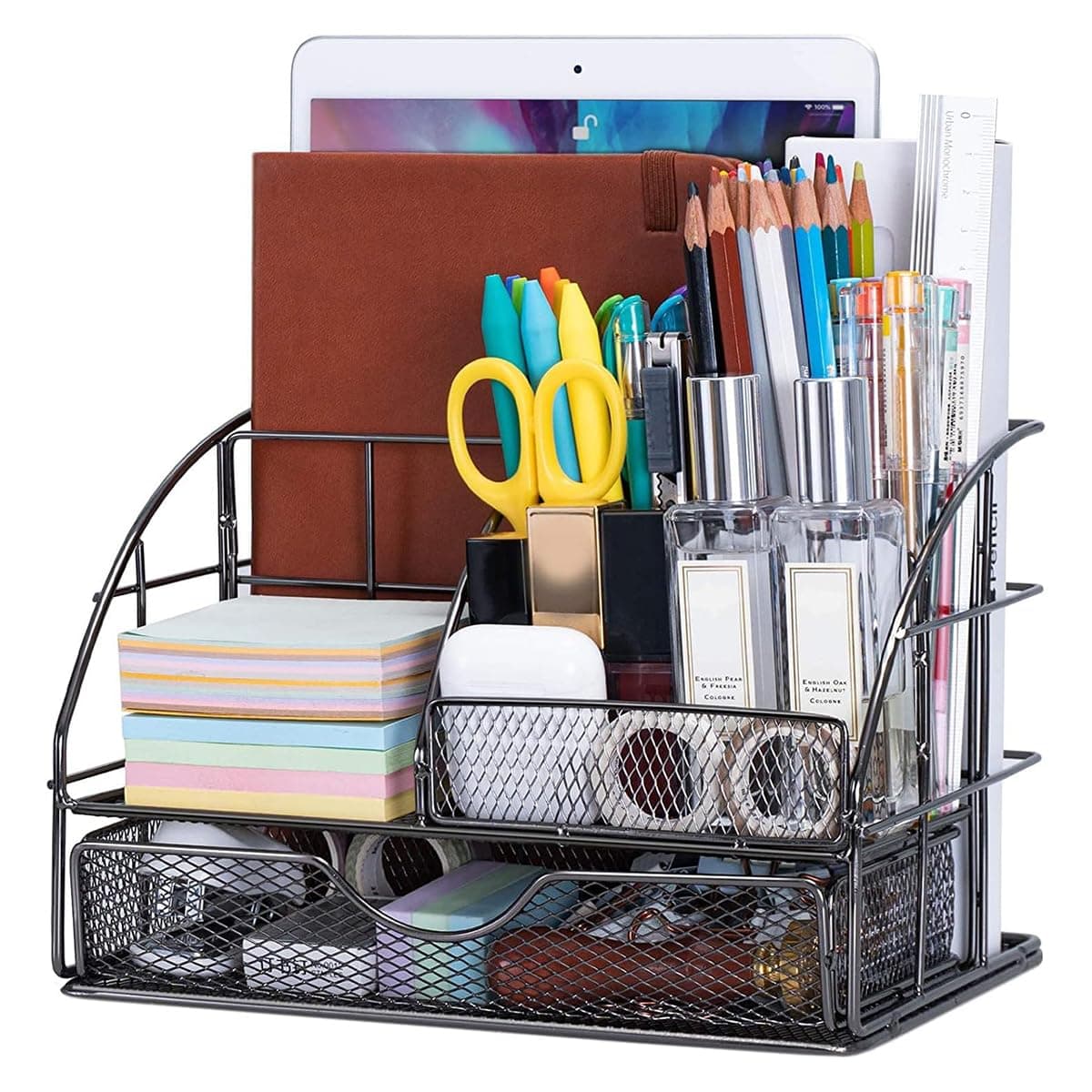 ALMEKAQUZ Black Desk Organizer, Office Supplies Storage and Workspace Ventilated Accessory, Stationery Pen Holder with Sliding Drawer, Tabletop Caddy Sorter, Home Arrangement Tools