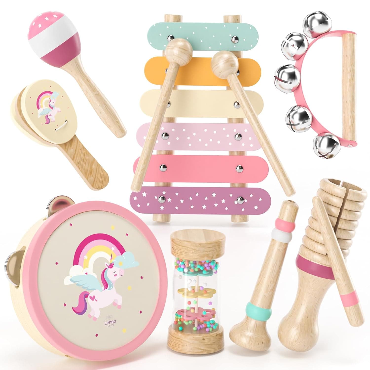 Lehoo Castle Wooden Musical Instruments for Toddler Girls 1-3 | Montessori Baby Musical Toys with Maracas Xylophone Tambourine, Educational Learning Toys Gifts for 1 2 3 Year Old