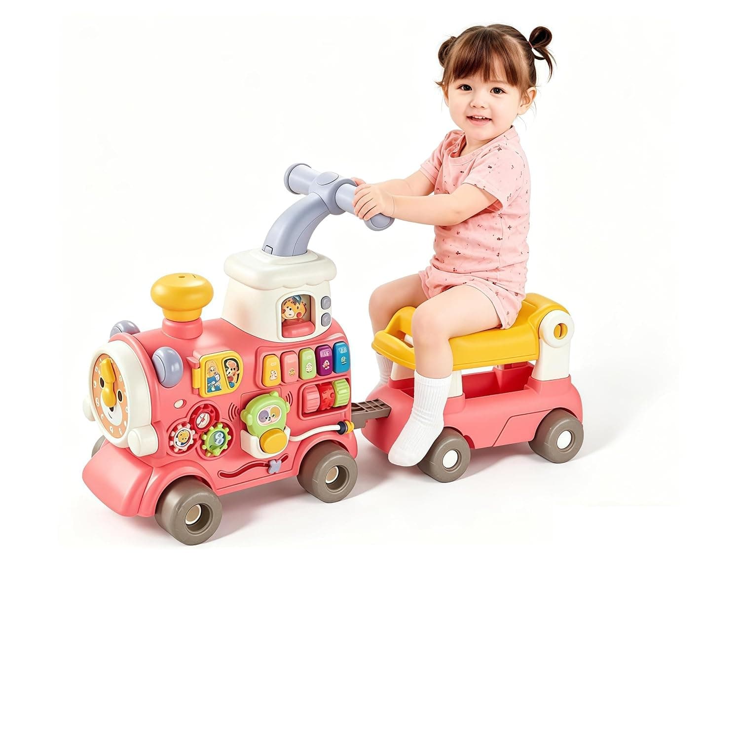 5 in 1 Kids Ride On Car, Toddler Walker Pull Along Toy with Building Blocks, Letters Numbers & Activity Panel, Educational Learning Toy for Boys Girls 1-5 Years Old