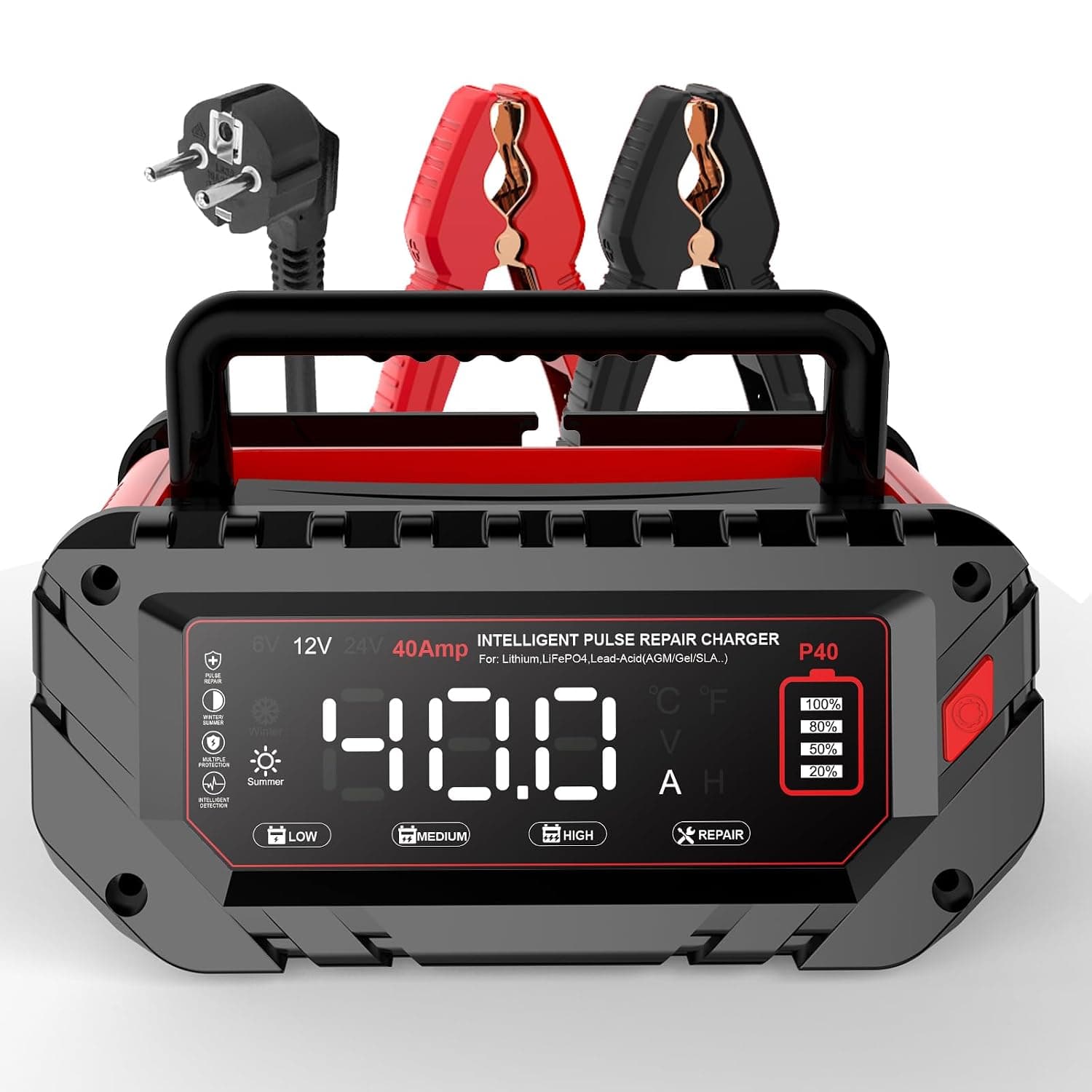 40A 6V/12V/24V Car Battery Charger Haisito Intelligent Charger with LCD Display, Battery Care, Trickle Charging and Desulphation for AGM, Lithium, LiFePO4, Lead Acid (Motorcycle, Motorhome, Caravan)