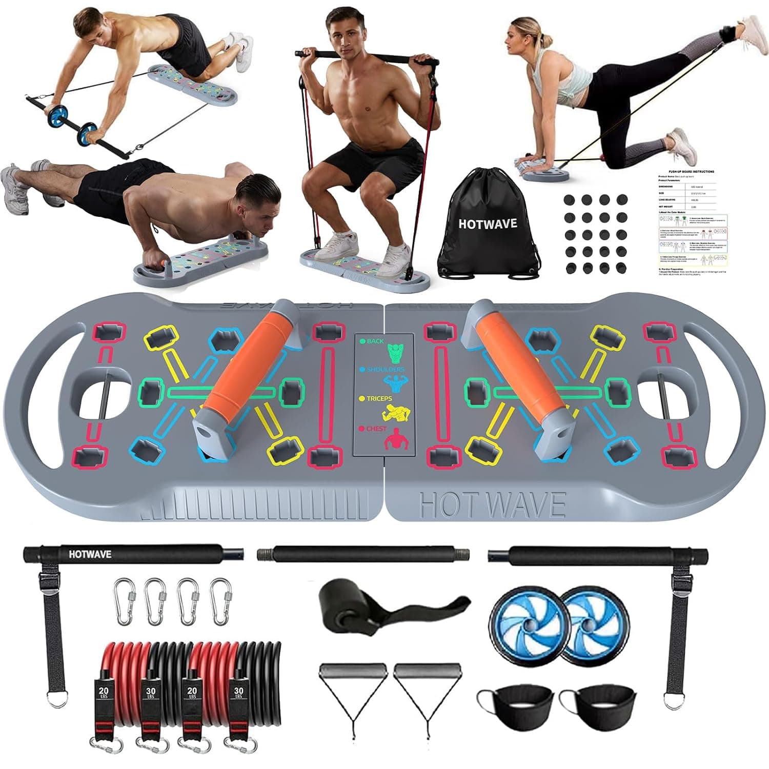 HOTWAVE Portable Exercise Equipment with 16 Gym Accessories.20 in 1 Push Up Board Fitness,Resistance Bands with Ab Roller Wheel,Full Body Workout at Home,Patent Pending