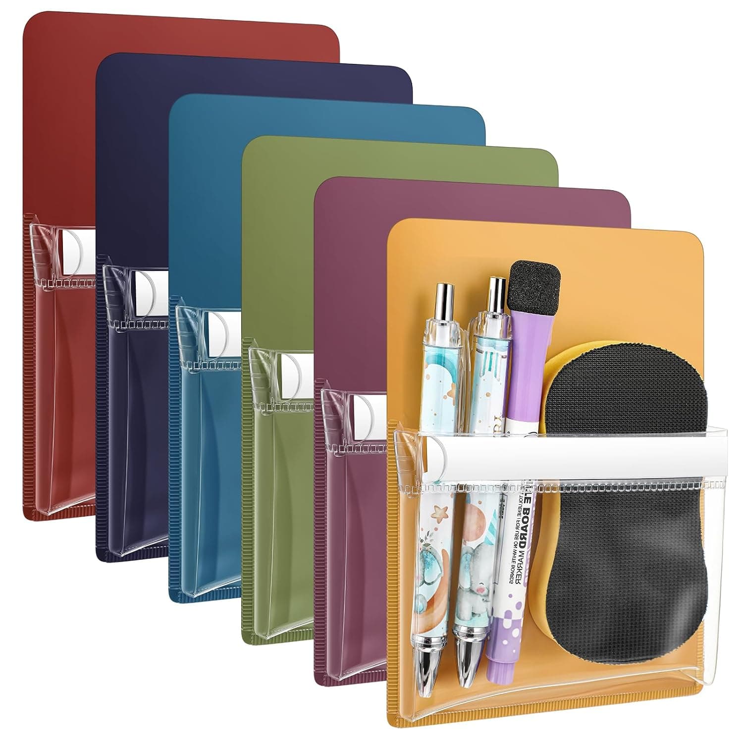 Sherr 6 Pcs Magnetic Pen Marker Holders, Magnetic Pocket Pouch Clear File Holder for Fridge Whiteboard Locker, Magnet Pen Dry Erase Marker Storage Organizer Accessories (4.7 x 6.5 in,Dark Colors)